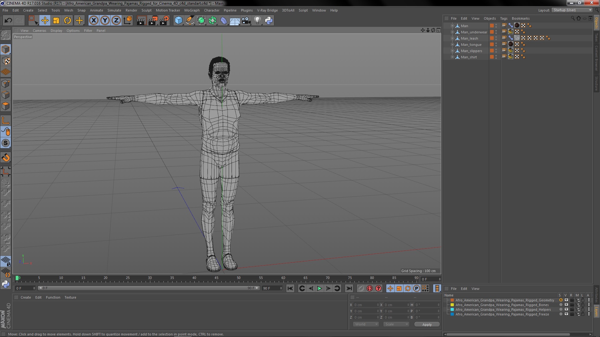 3D Afro American Grandpa Wearing Pajamas Rigged for Cinema 4D model
