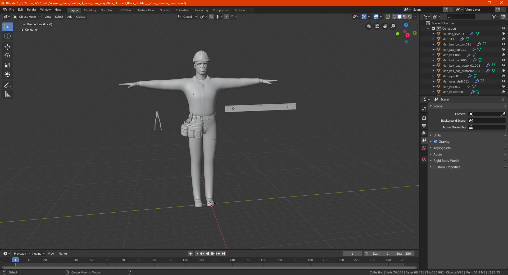 3D Dark Skinned Black Builder T Pose model