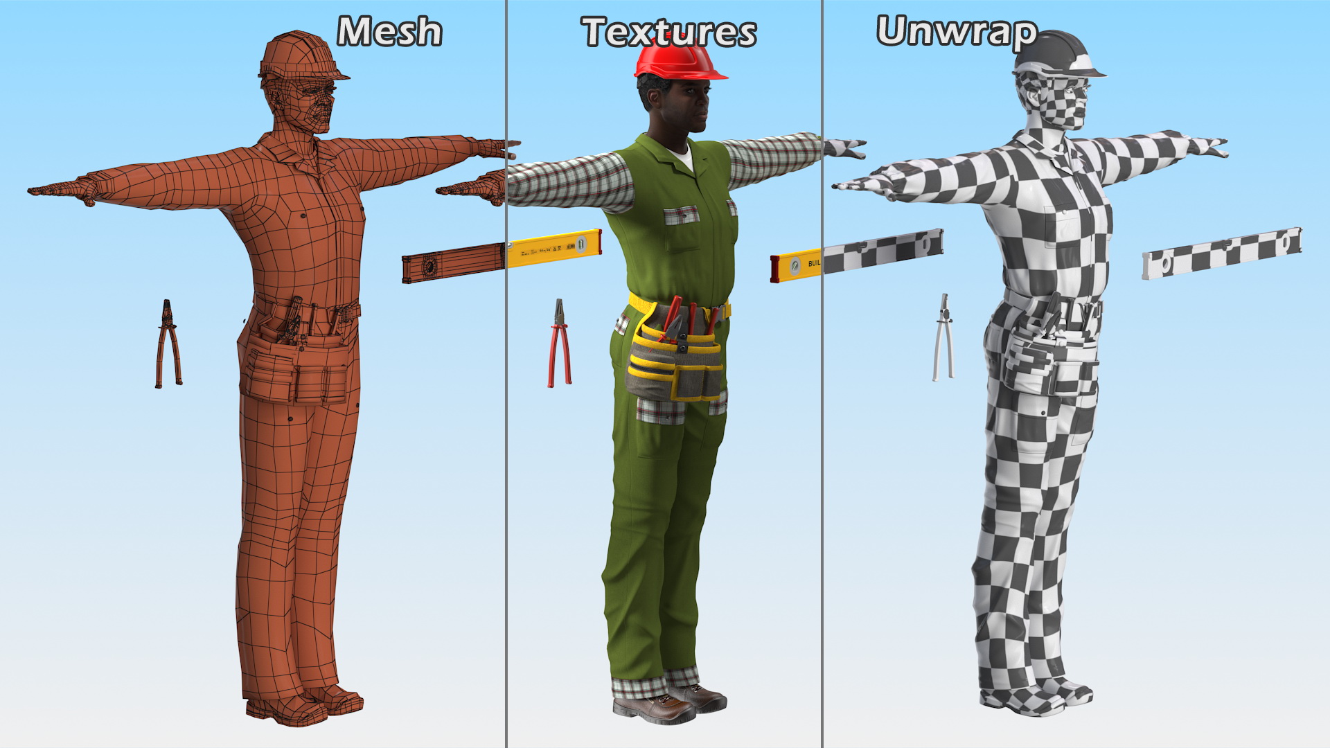3D Dark Skinned Black Builder T Pose model