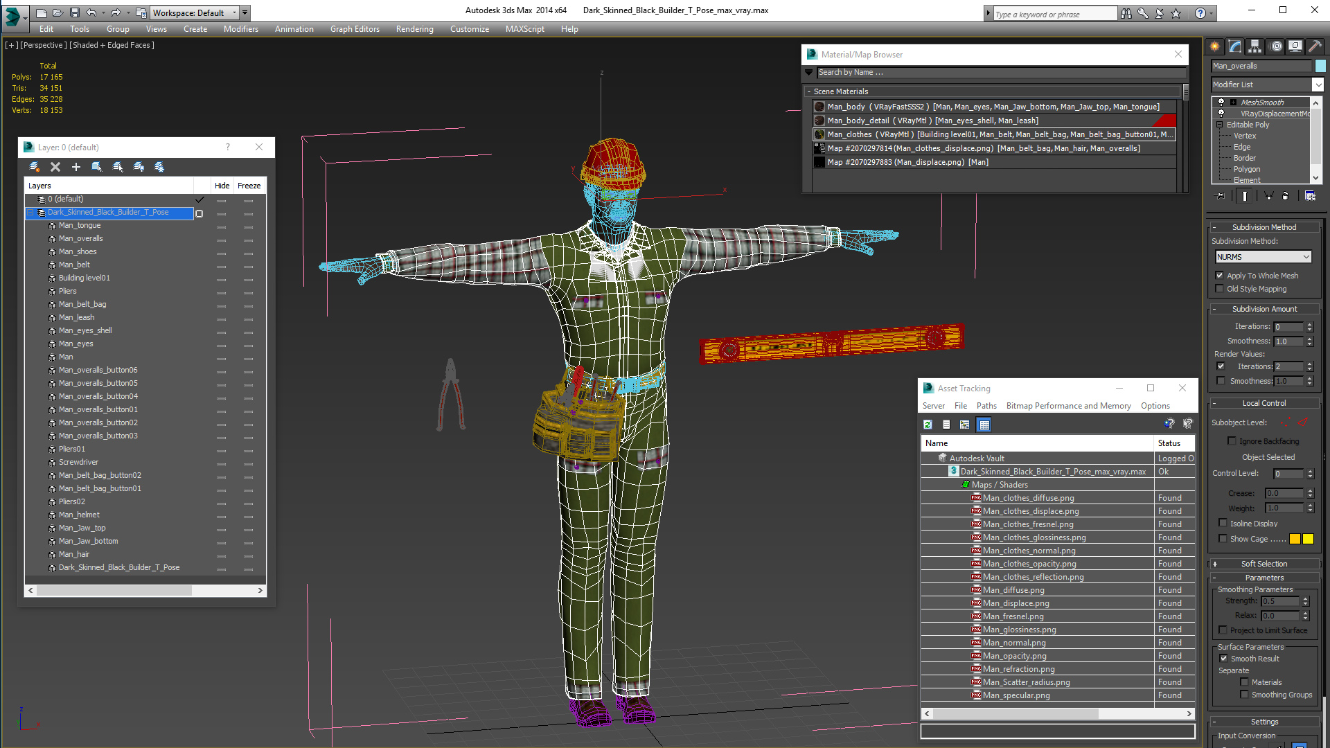 3D Dark Skinned Black Builder T Pose model