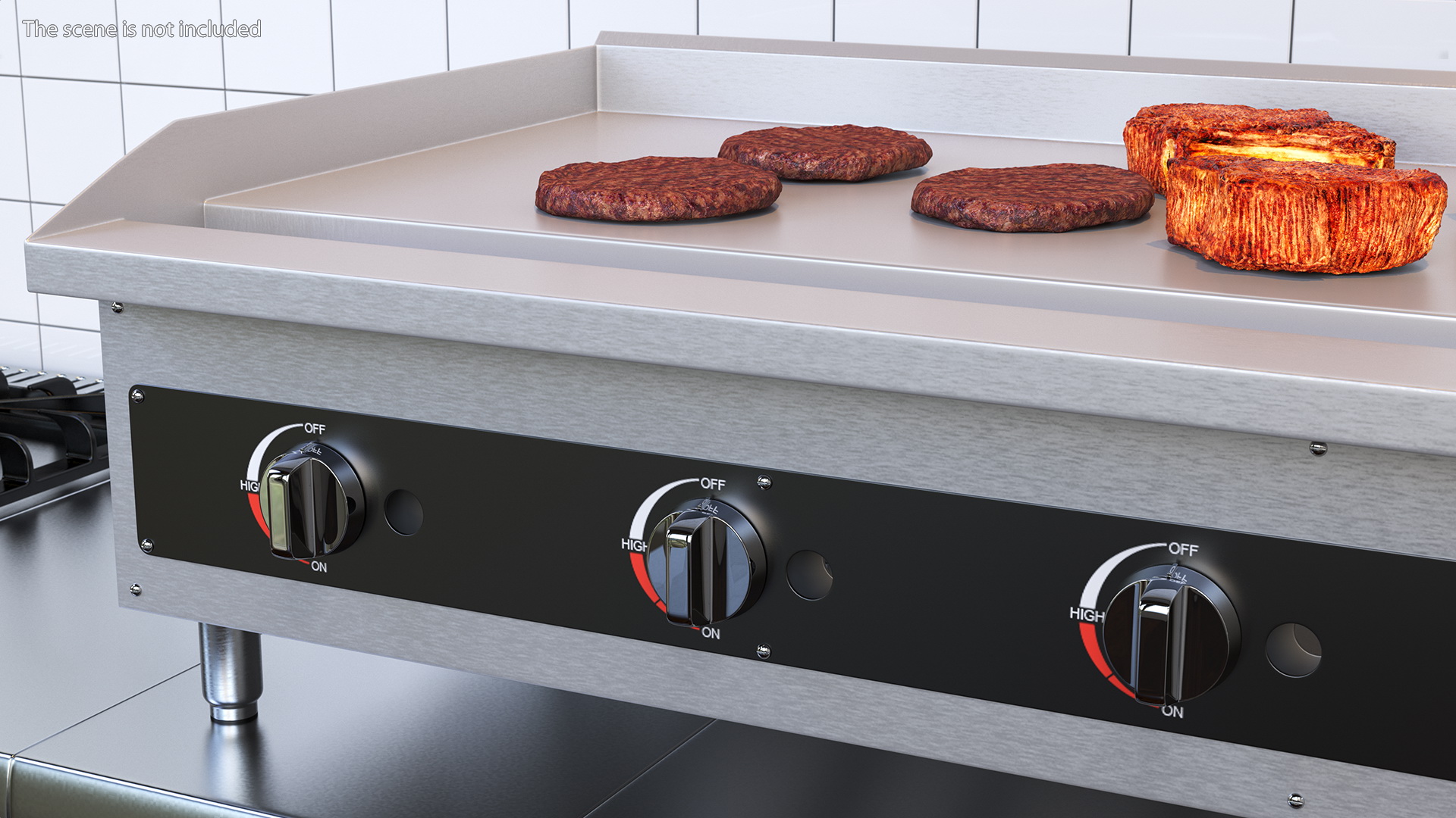 Large Flat Top Gas Countertop Griddle with Meat 3D