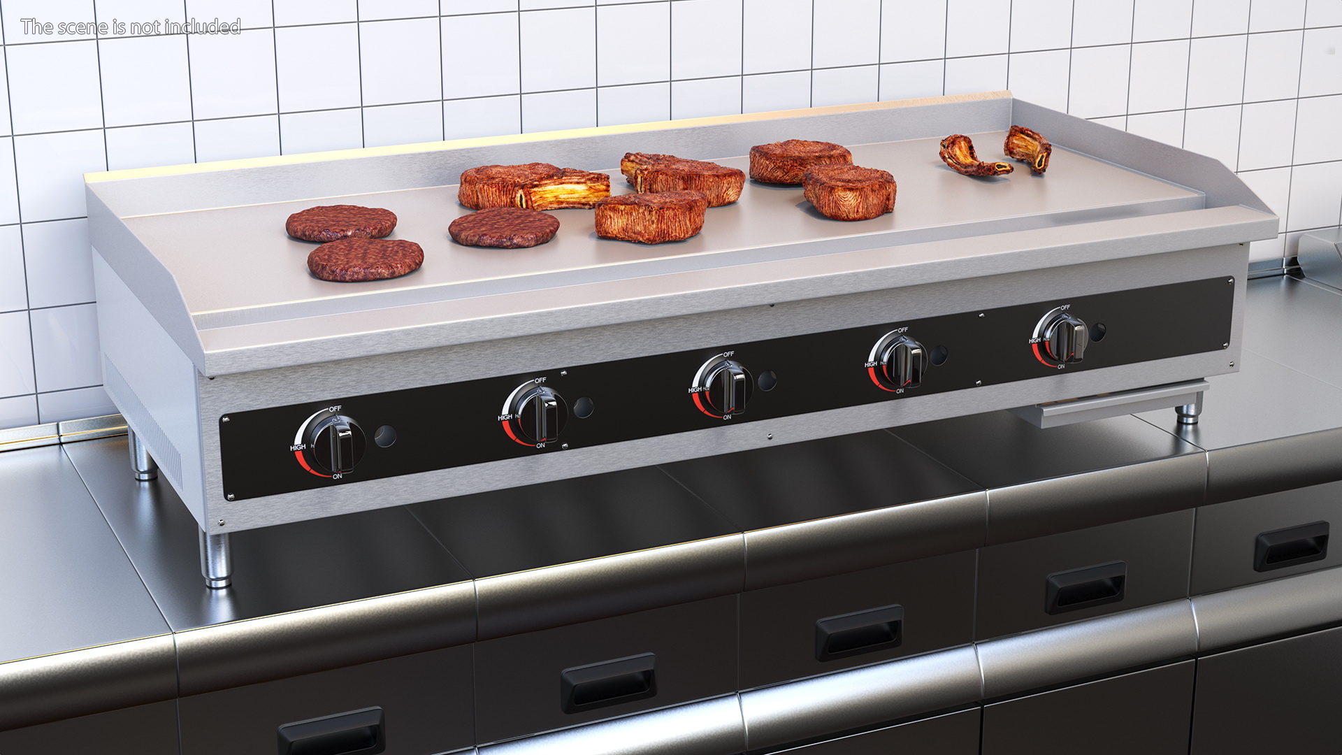 Large Flat Top Gas Countertop Griddle with Meat 3D