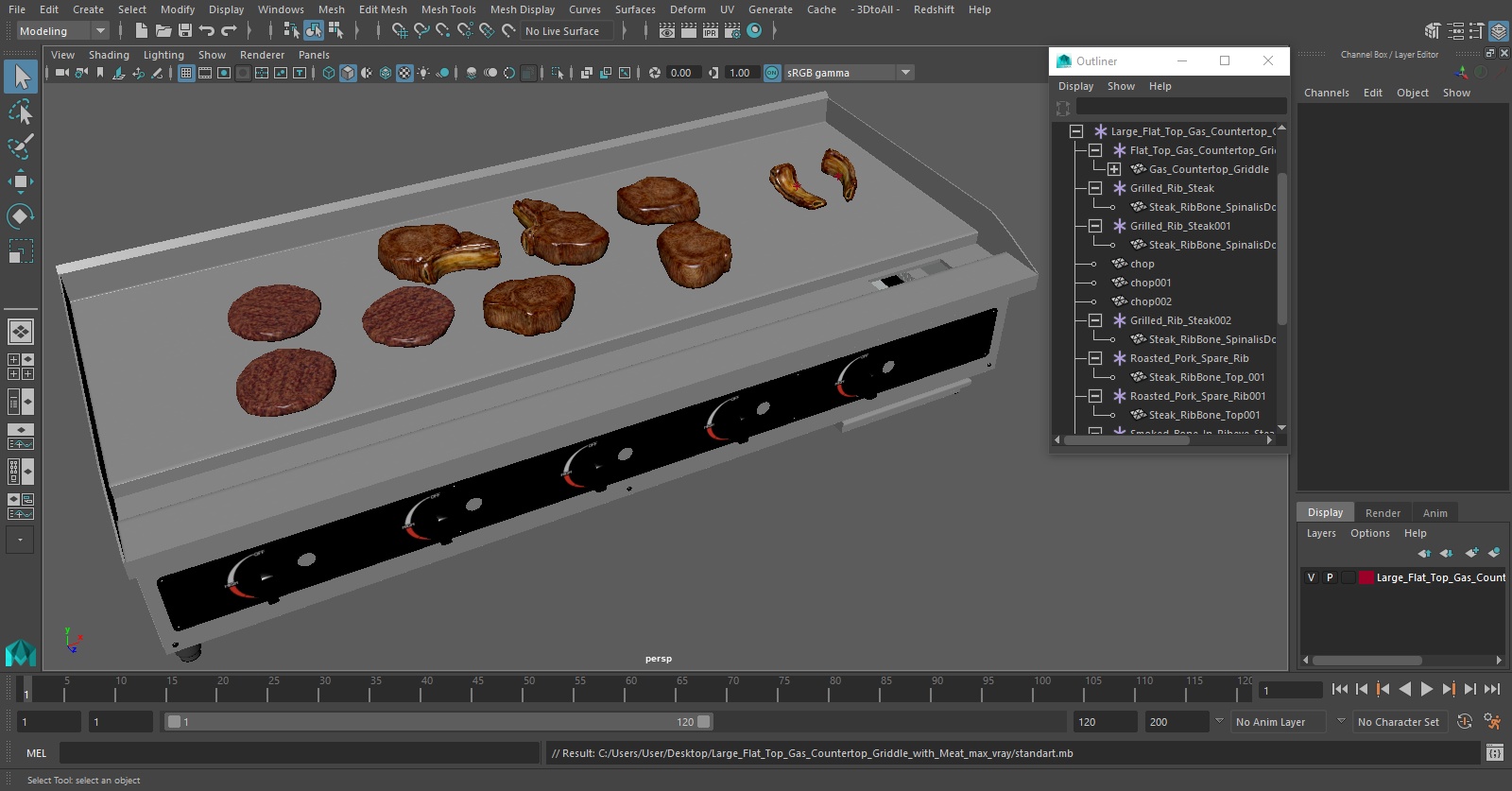 Large Flat Top Gas Countertop Griddle with Meat 3D