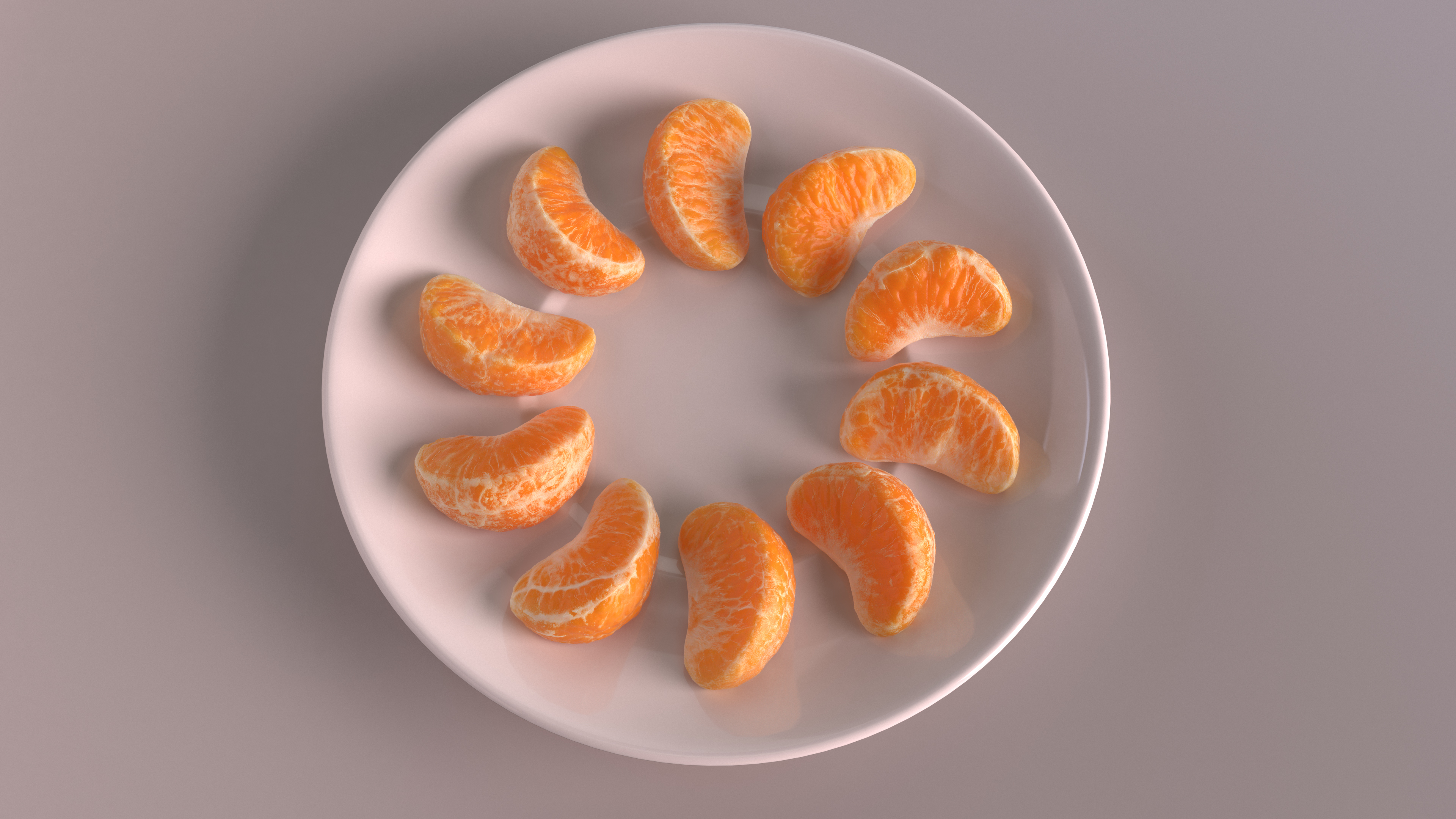 3D Peeled Mandarin Orange Segments on White Plate