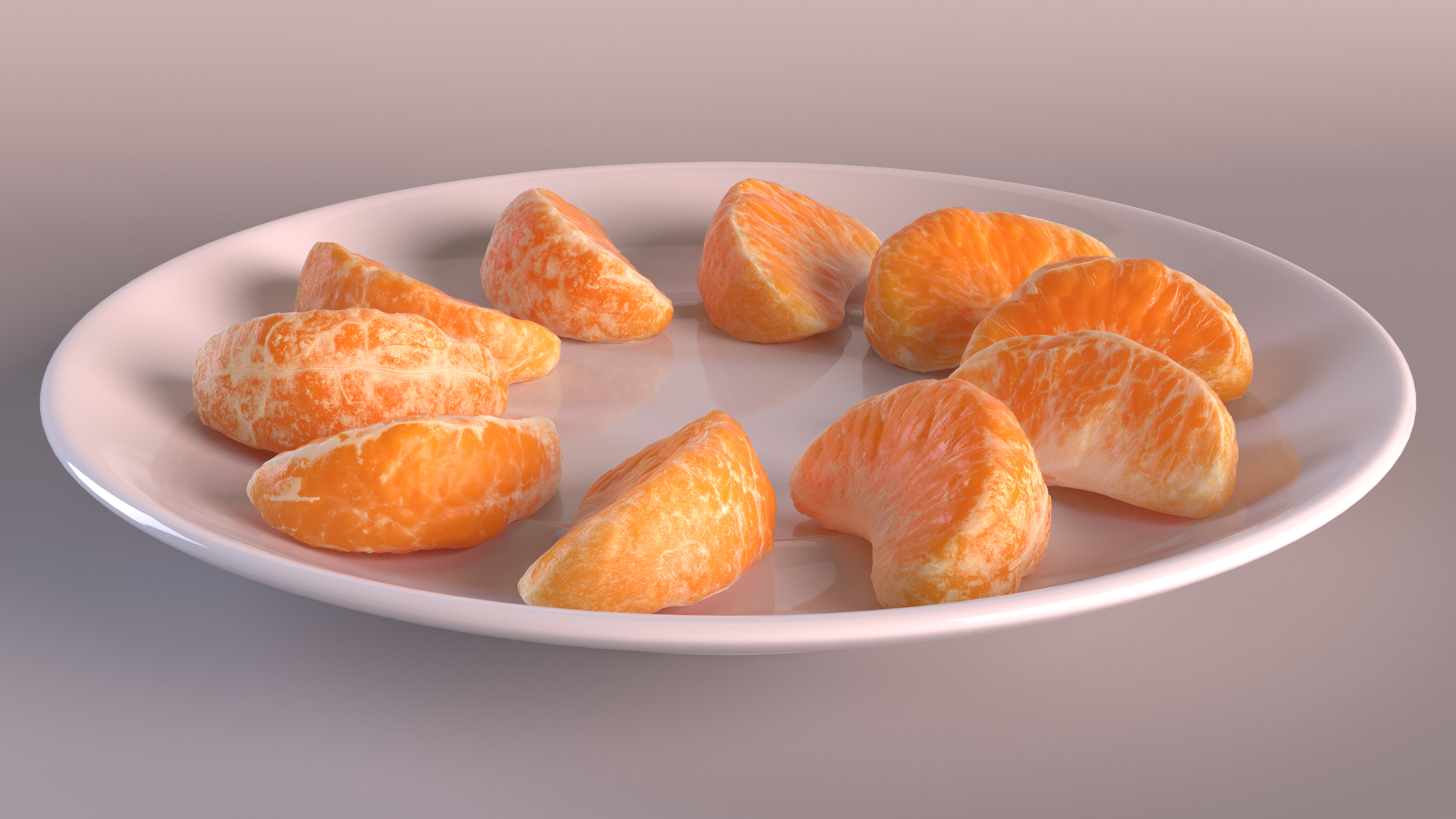 3D Peeled Mandarin Orange Segments on White Plate