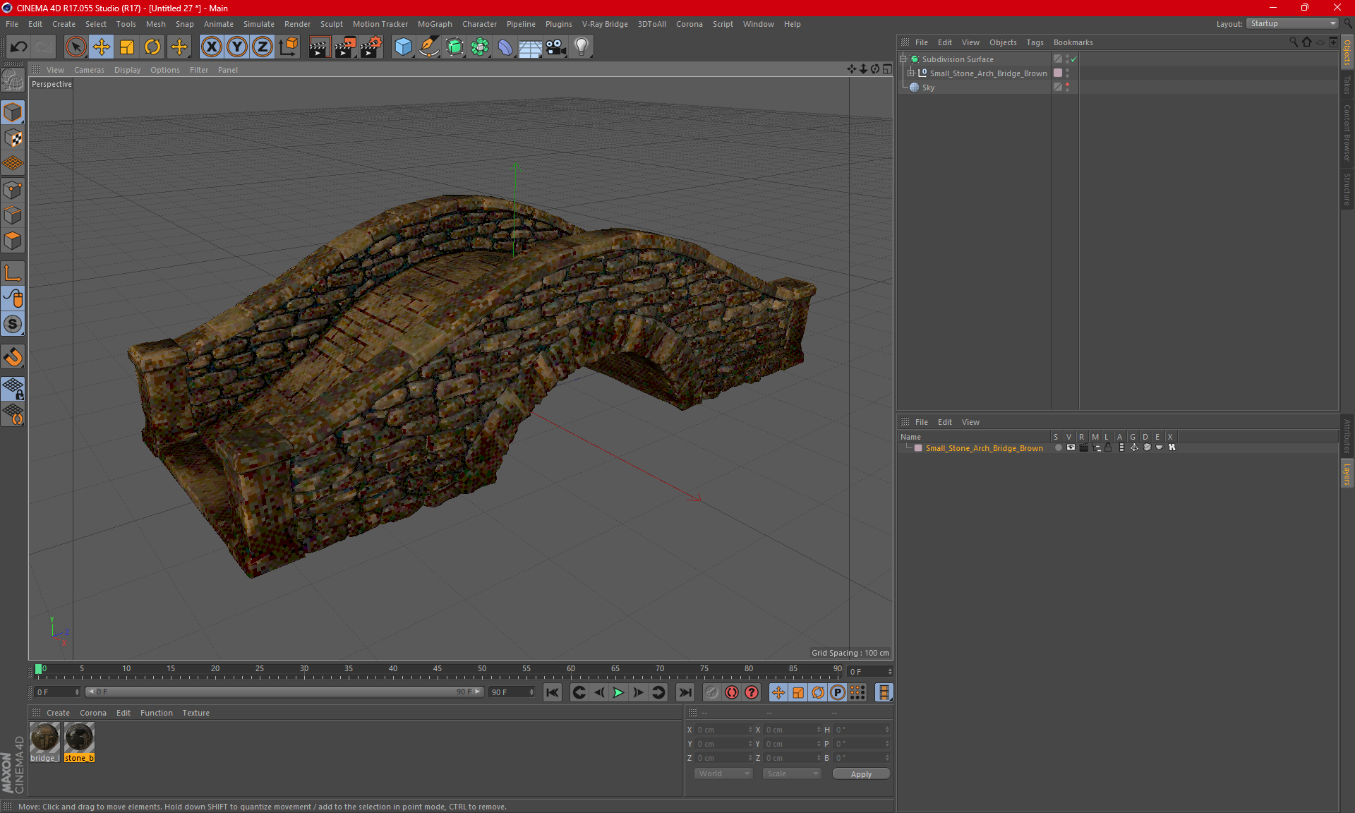 Small Stone Arch Bridge Brown 3D model