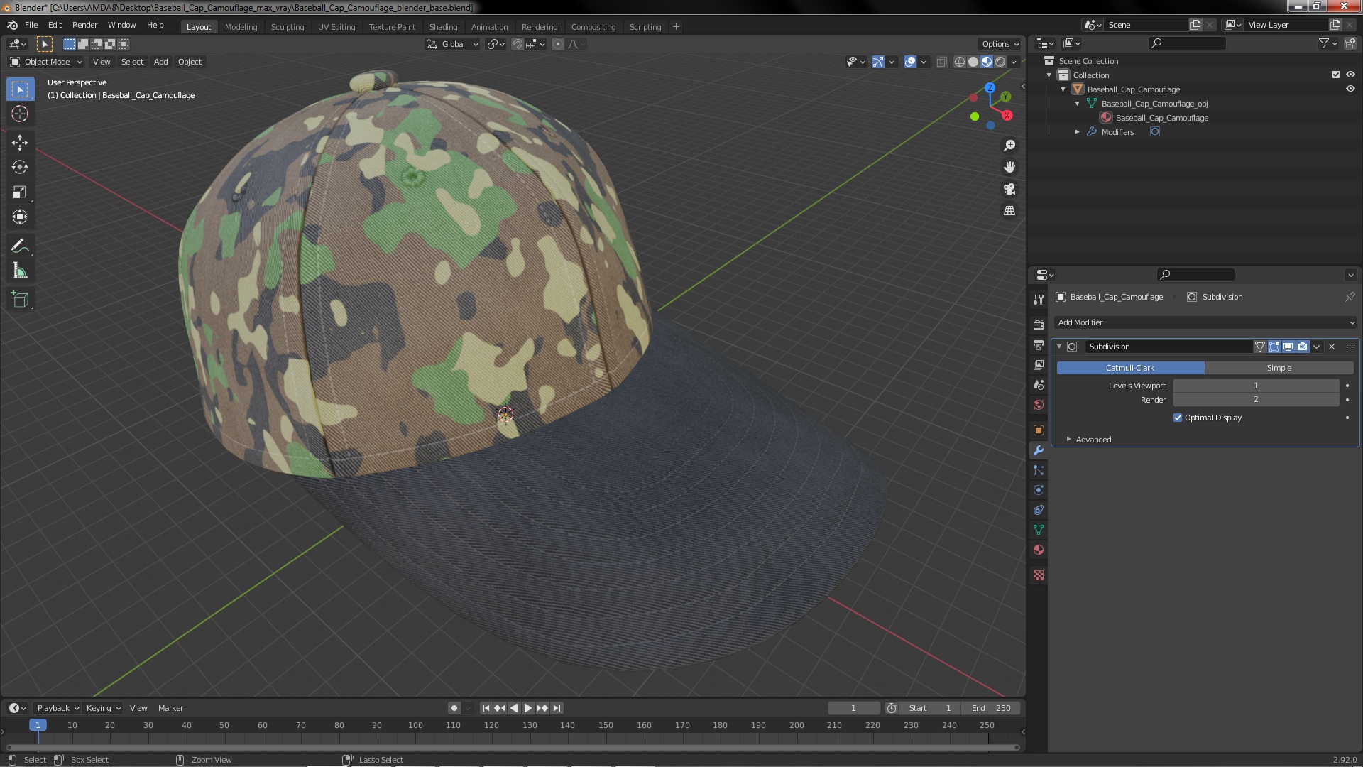 3D Baseball Cap Camouflage model