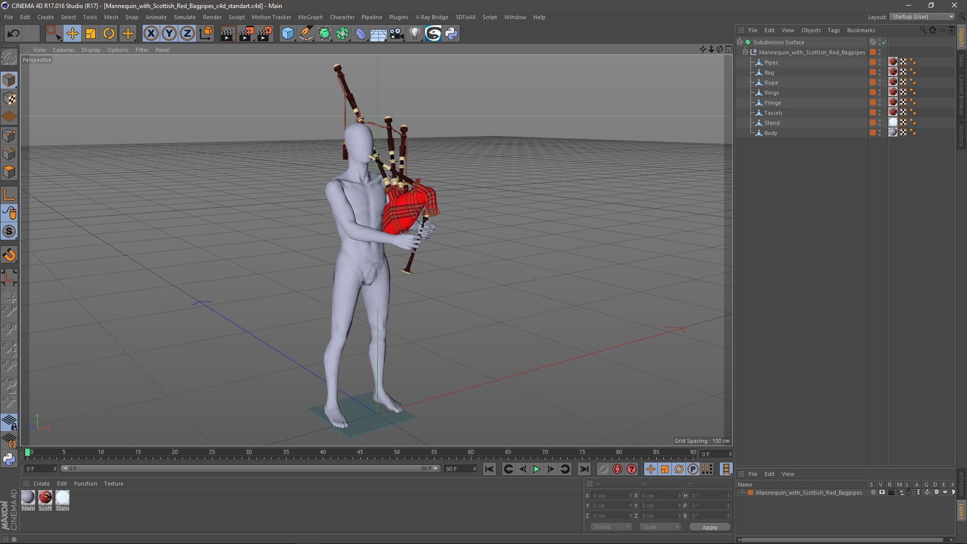3D Mannequin with Scottish Red Bagpipes