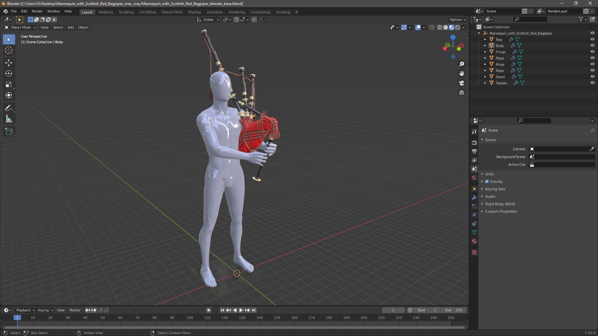 3D Mannequin with Scottish Red Bagpipes