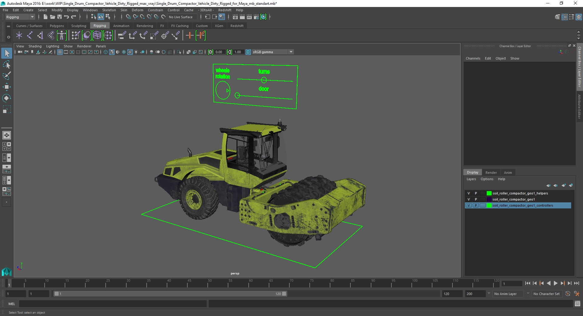 3D Single Drum Compactor Vehicle Dirty Rigged for Maya
