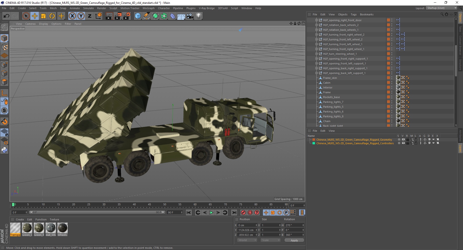 3D Chinese MLRS WS-2D Green Camouflage Rigged for Cinema 4D