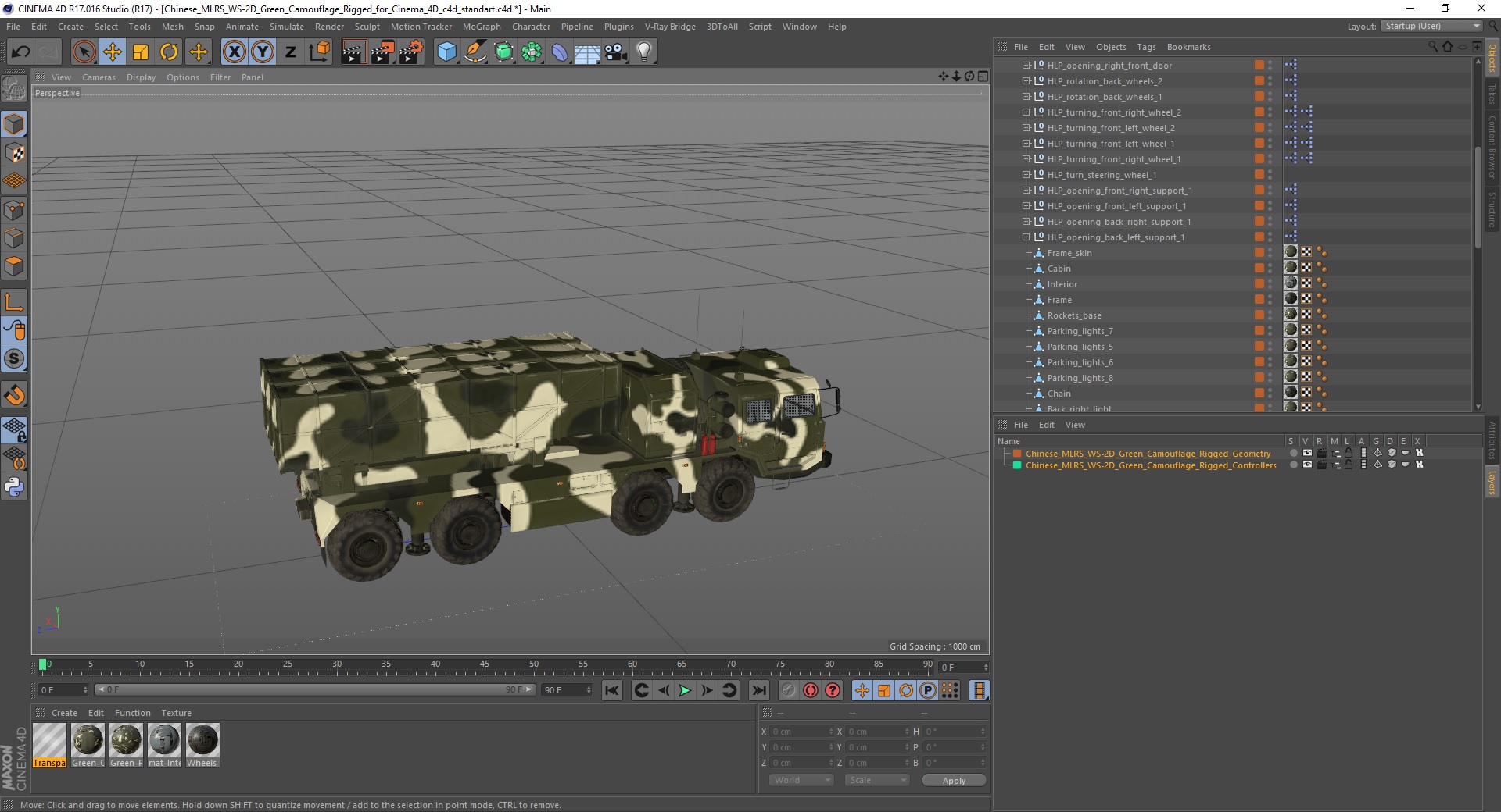 3D Chinese MLRS WS-2D Green Camouflage Rigged for Cinema 4D