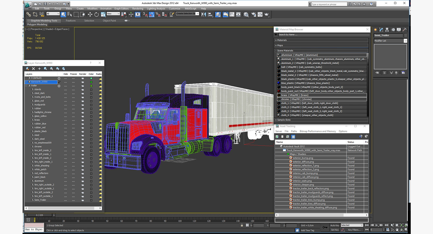 Truck Kenworth W990 with Semi Trailer 3D