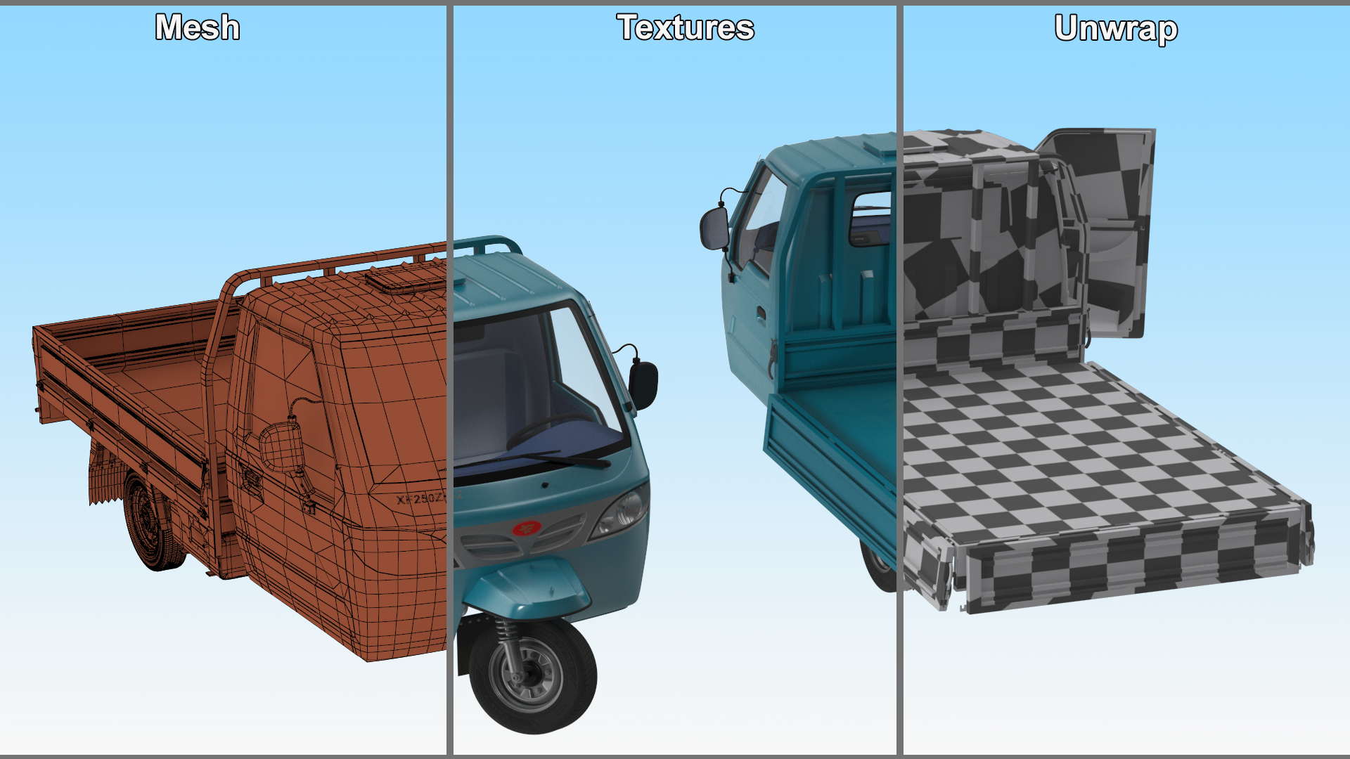 3D Asian Delivery Trike with Open Body Blue Rigged for Cinema 4D