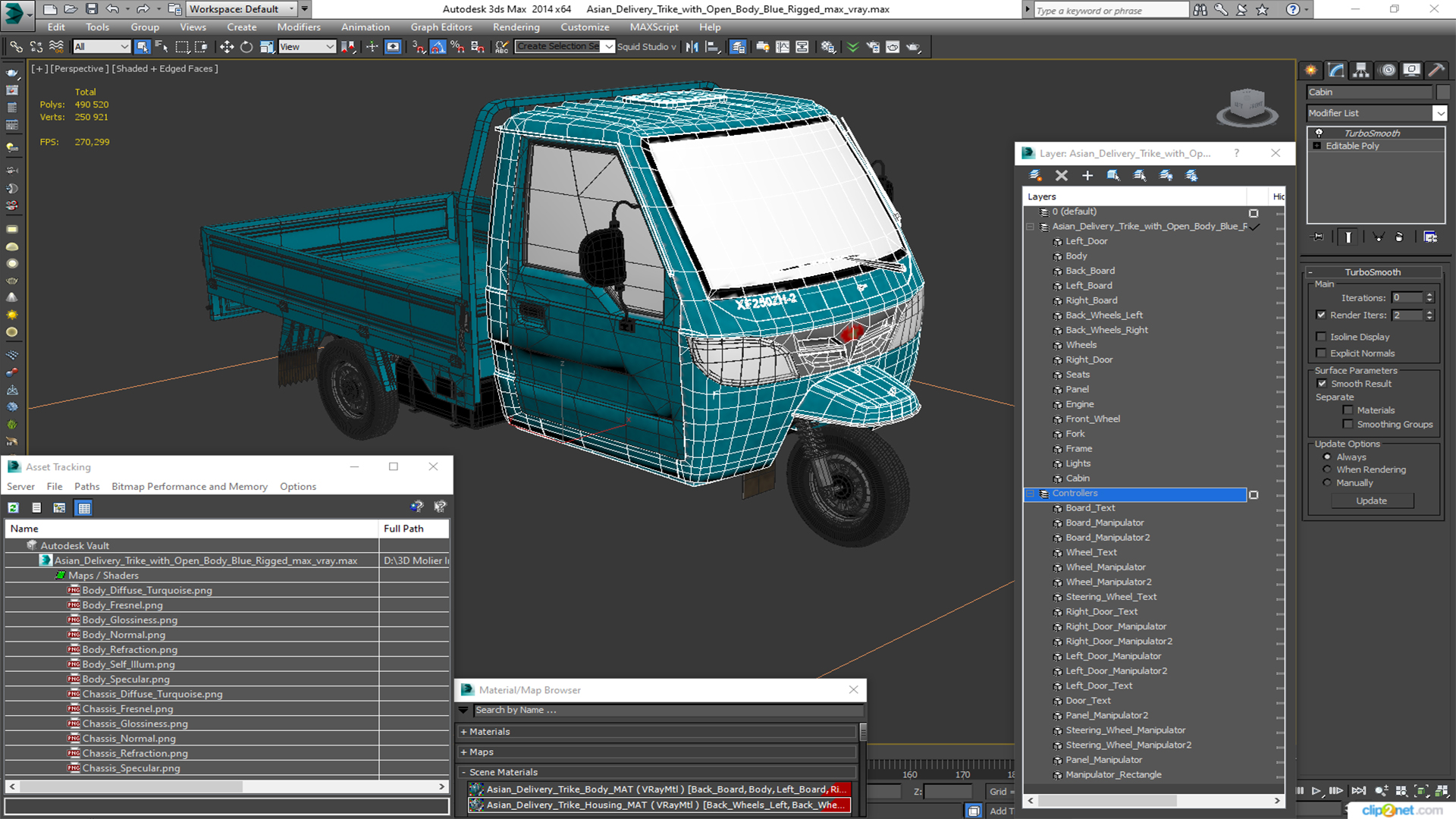 3D Asian Delivery Trike with Open Body Blue Rigged for Cinema 4D