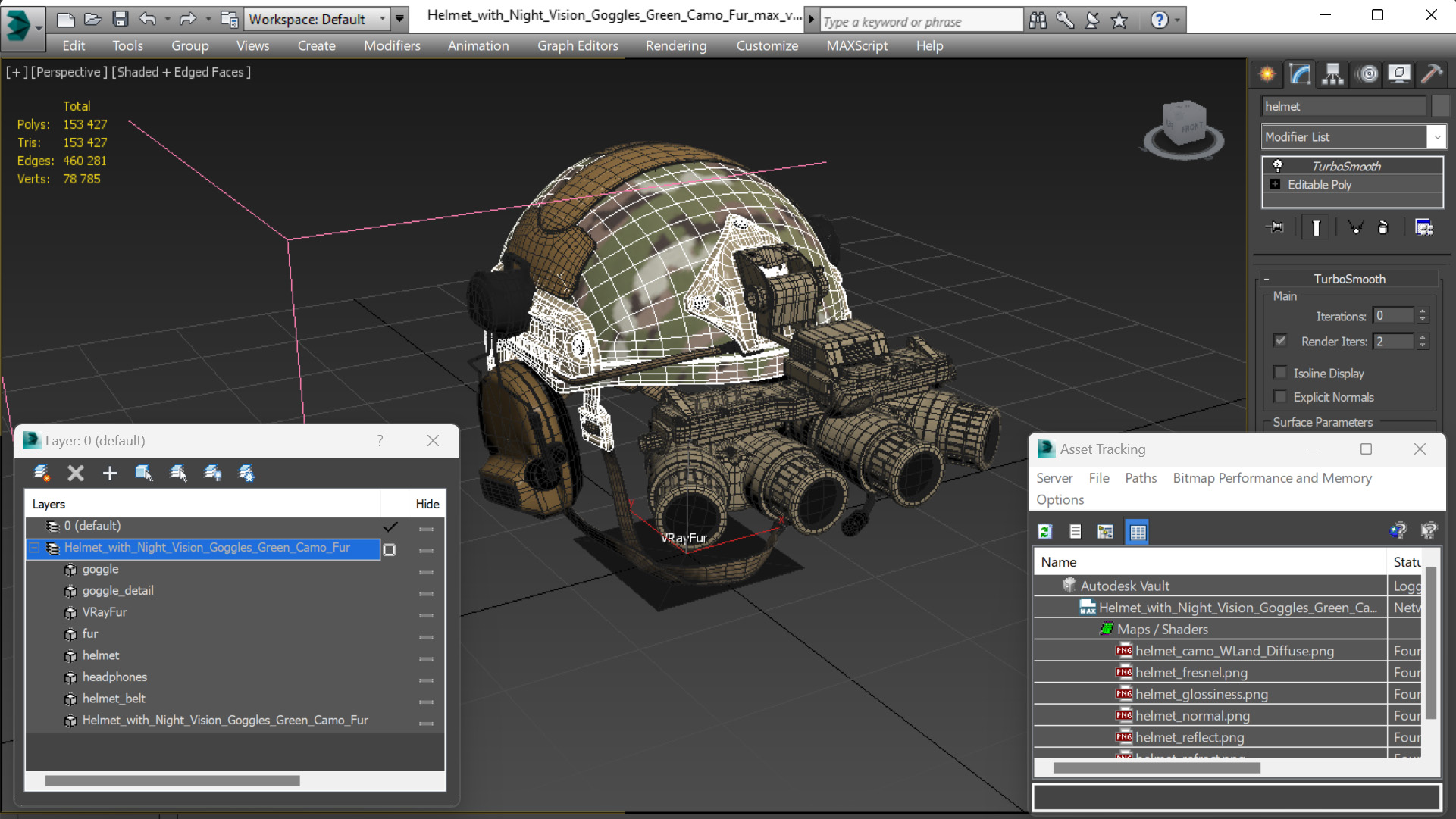 Helmet with Night Vision Goggles Green Camo Fur 3D