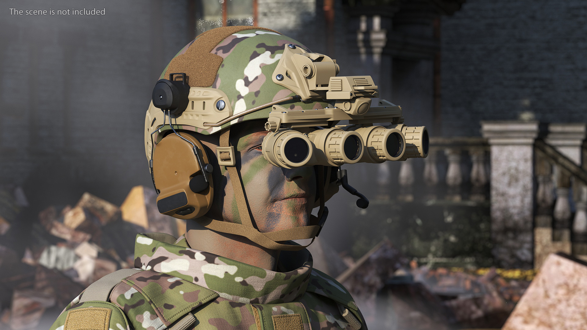Helmet with Night Vision Goggles Green Camo Fur 3D
