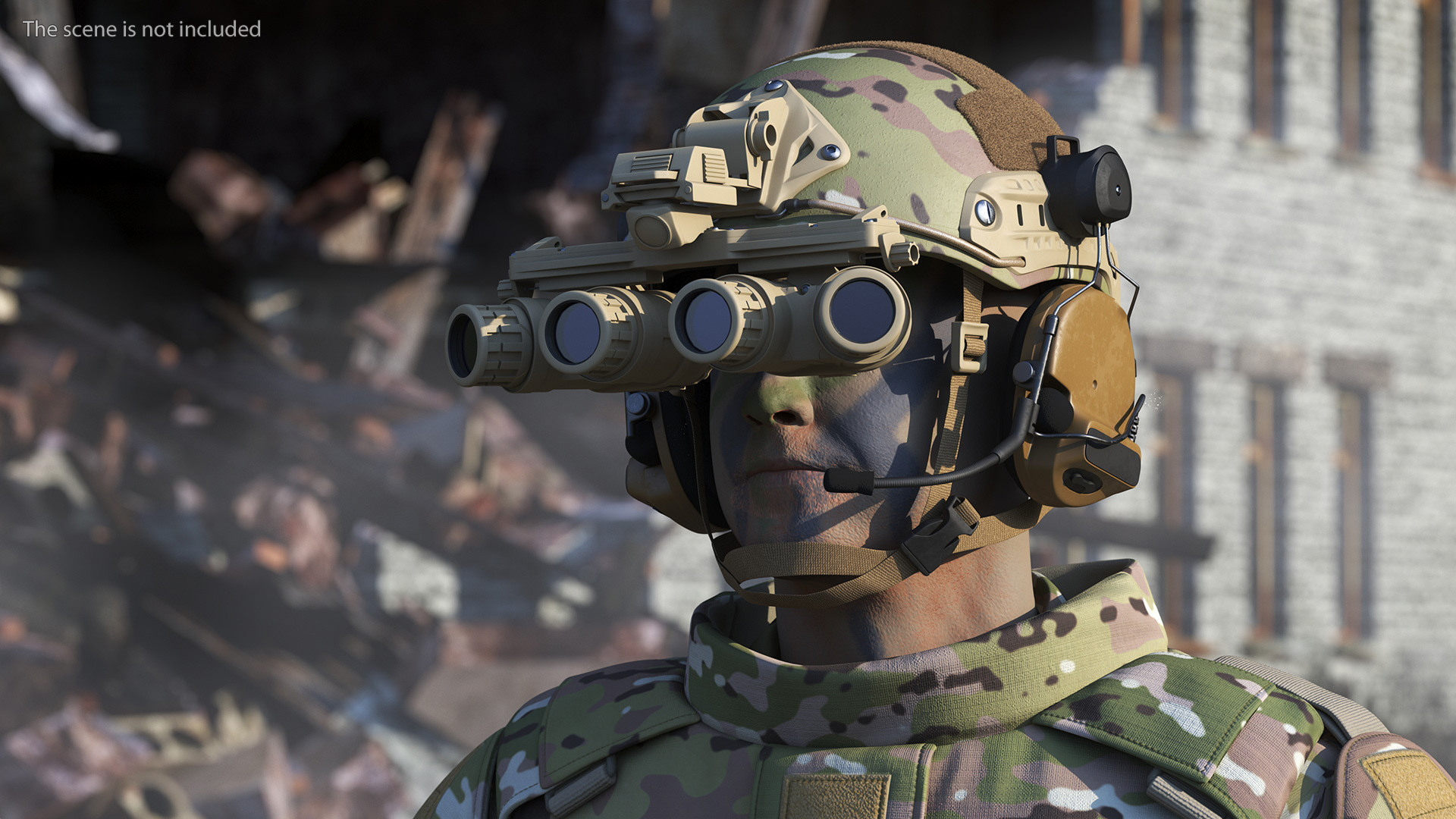Helmet with Night Vision Goggles Green Camo Fur 3D
