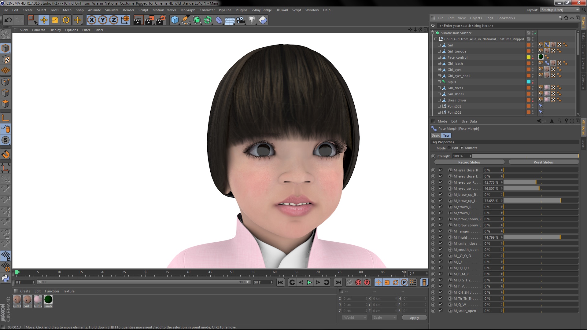 3D Child Girl from Asia in National Costume Rigged for Cinema 4D