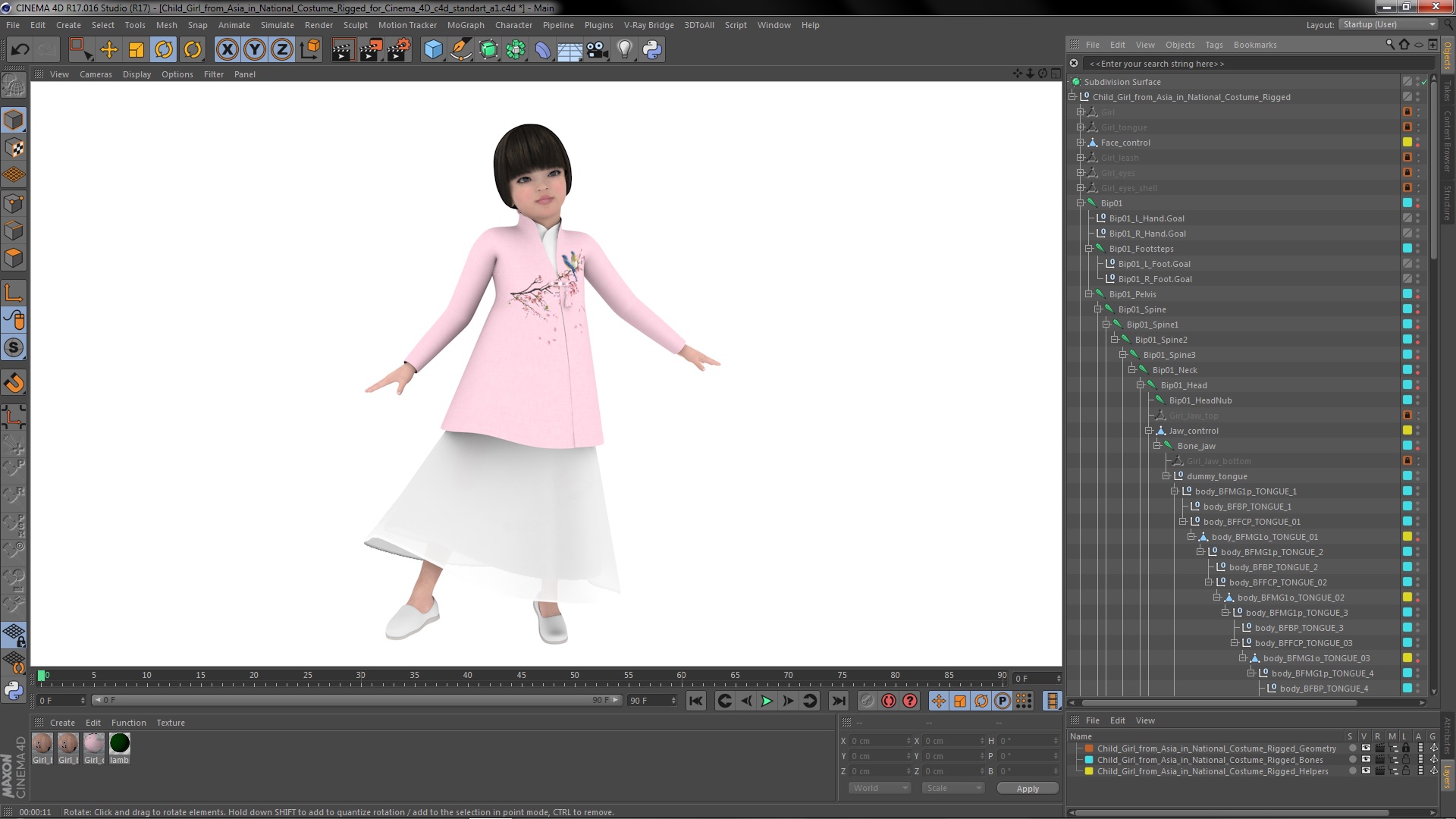 3D Child Girl from Asia in National Costume Rigged for Cinema 4D