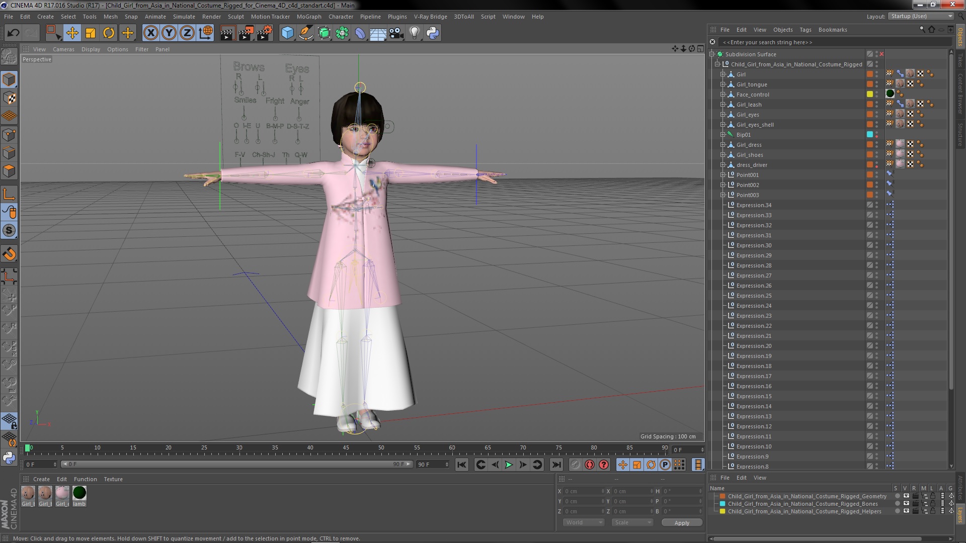 3D Child Girl from Asia in National Costume Rigged for Cinema 4D