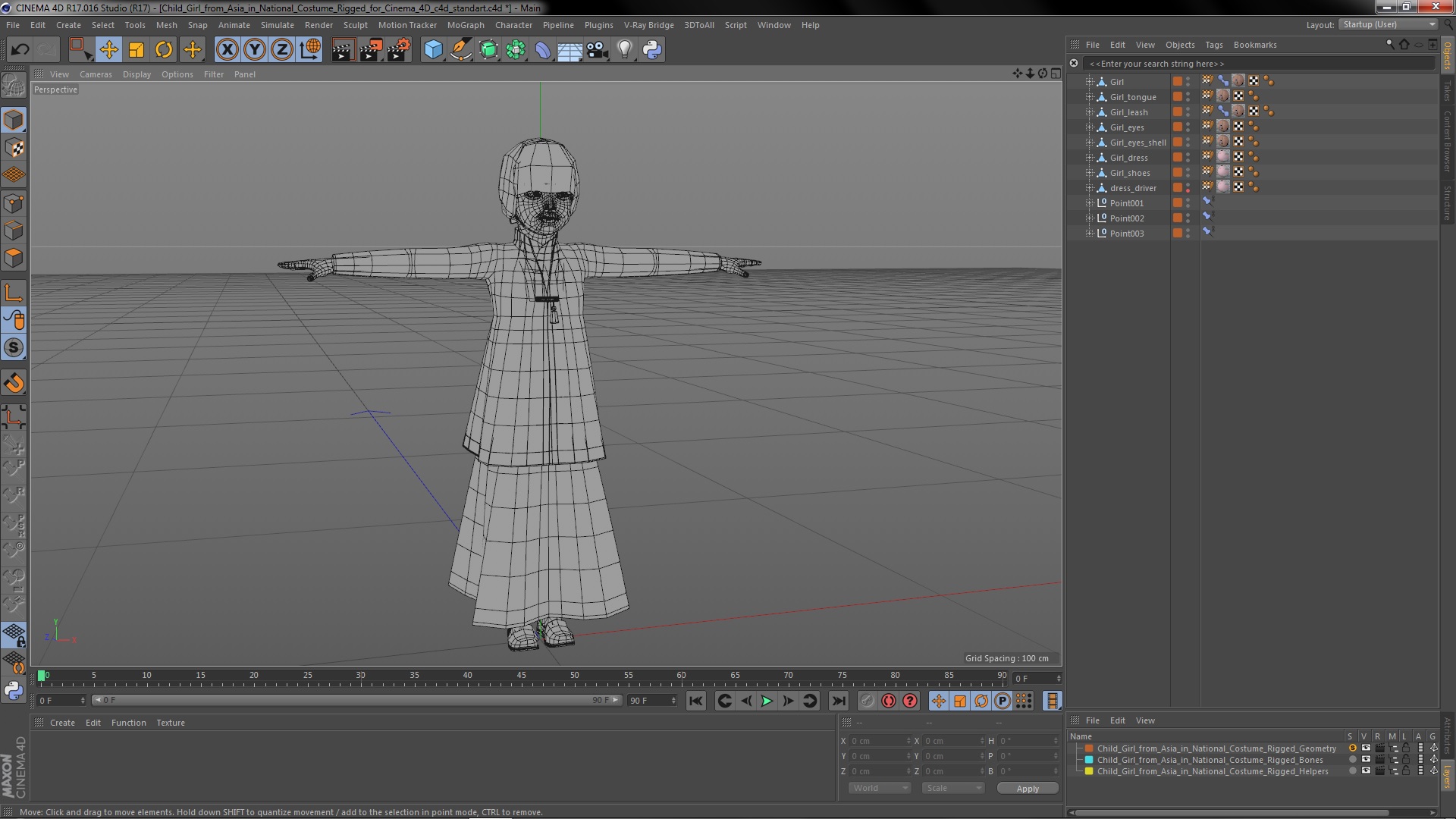 3D Child Girl from Asia in National Costume Rigged for Cinema 4D