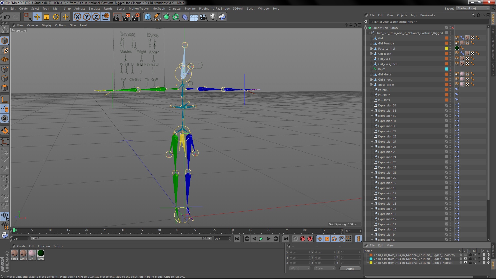 3D Child Girl from Asia in National Costume Rigged for Cinema 4D