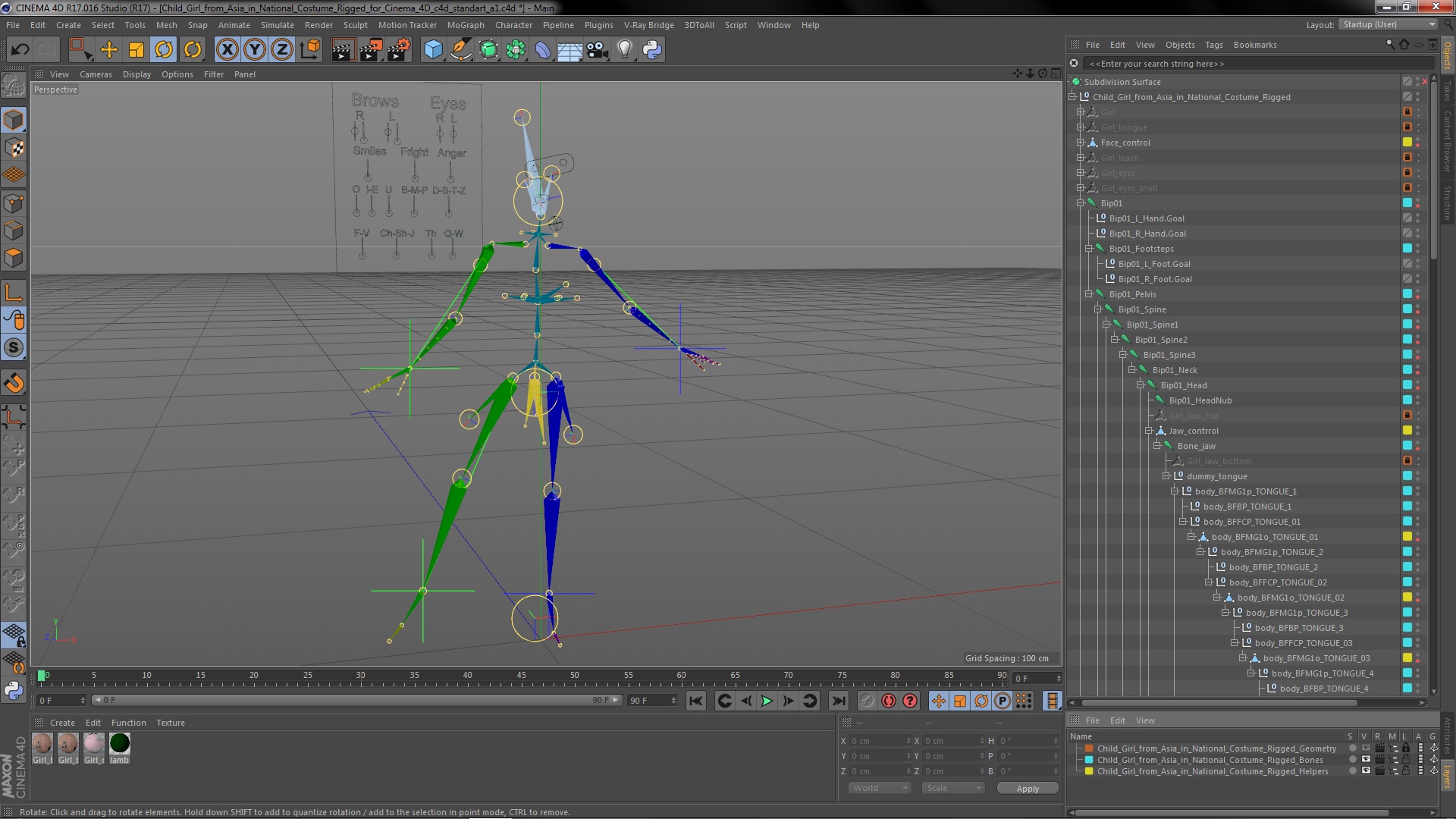 3D Child Girl from Asia in National Costume Rigged for Cinema 4D