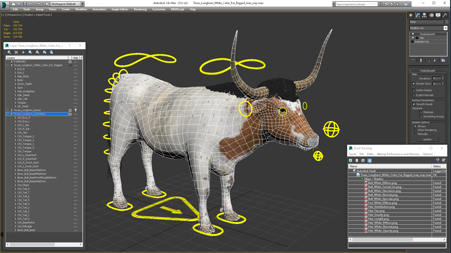 Texas Longhorn White Color Fur Rigged 3D