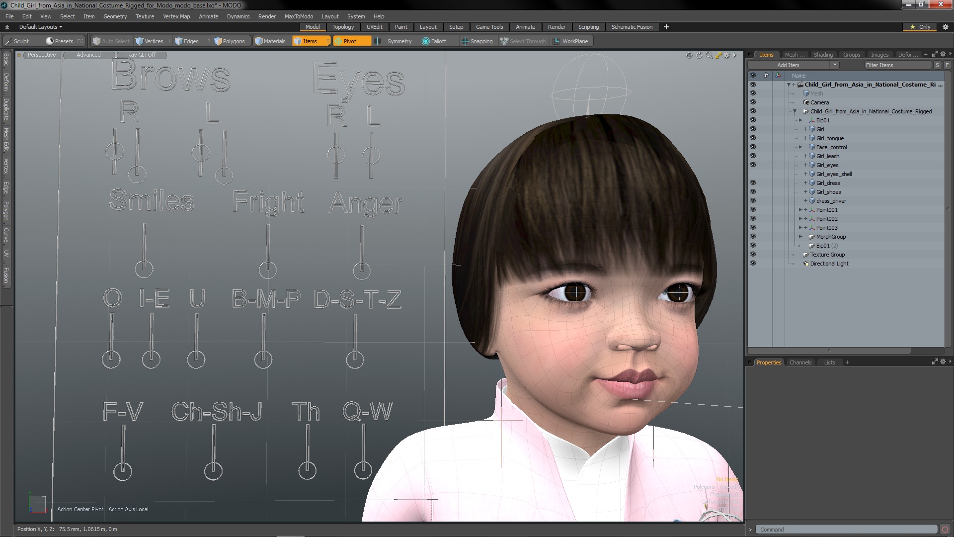 3D Child Girl from Asia in National Costume Rigged for Modo