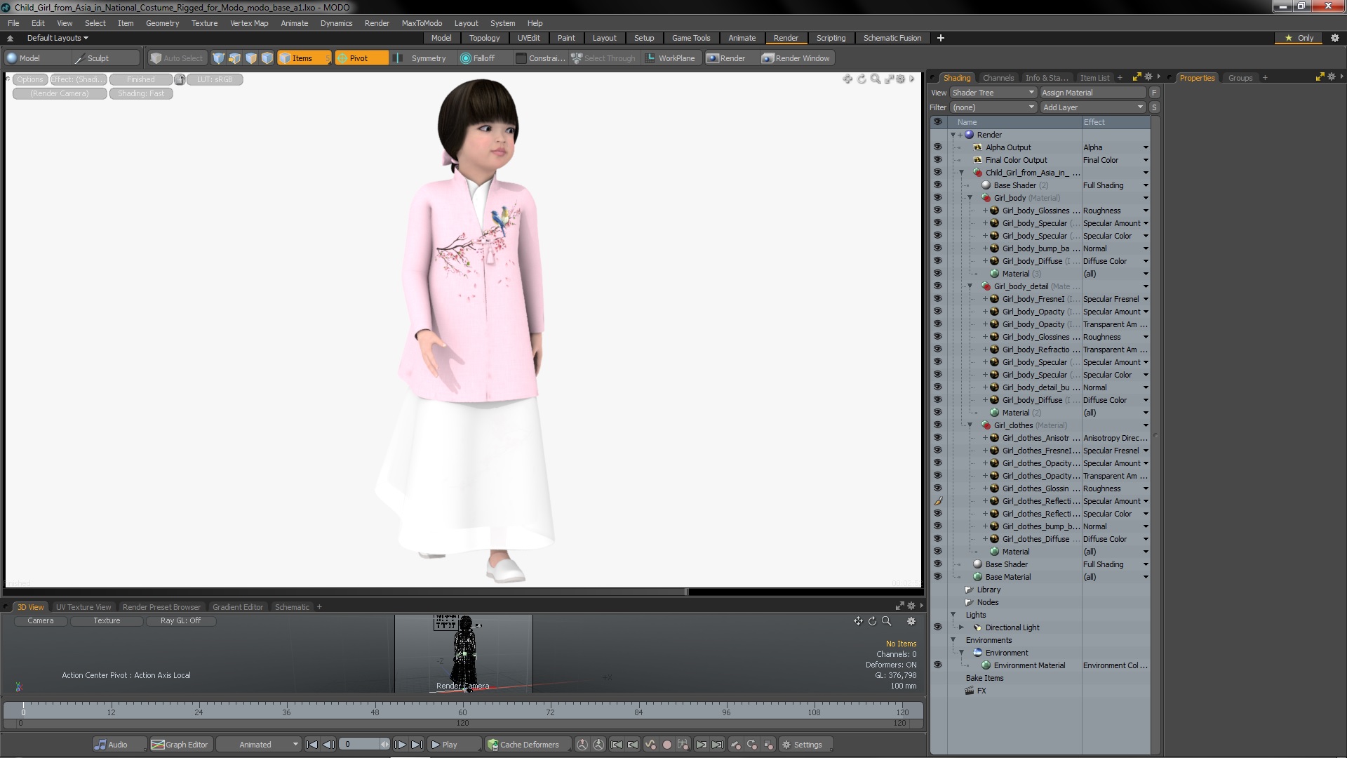 3D Child Girl from Asia in National Costume Rigged for Modo
