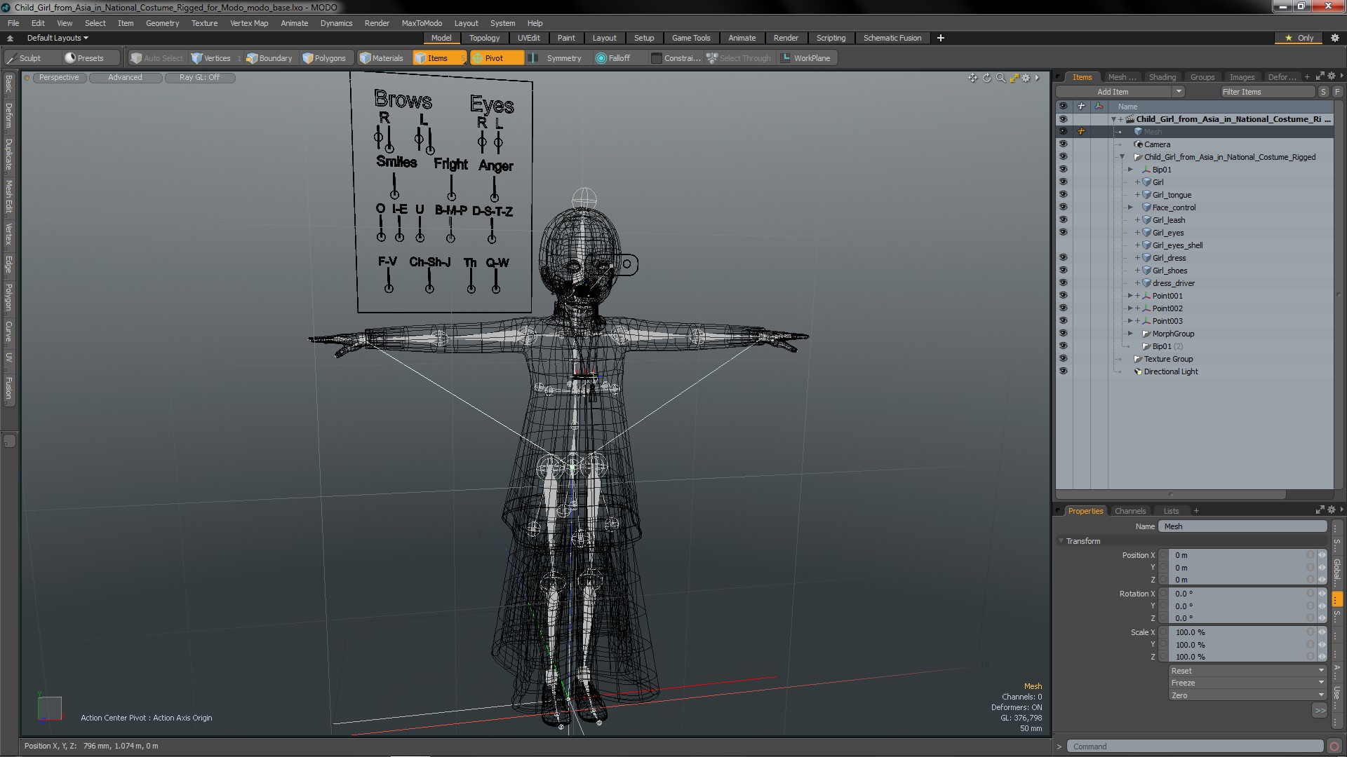 3D Child Girl from Asia in National Costume Rigged for Modo