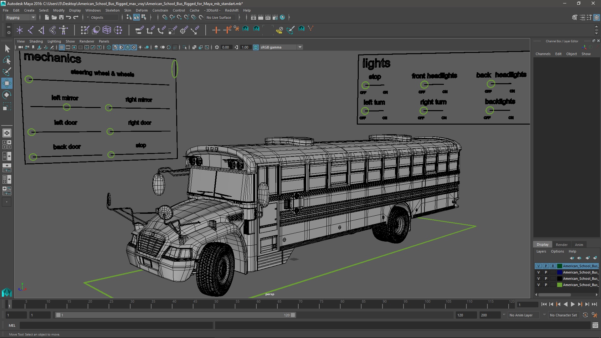 3D model American School Bus Rigged for Maya