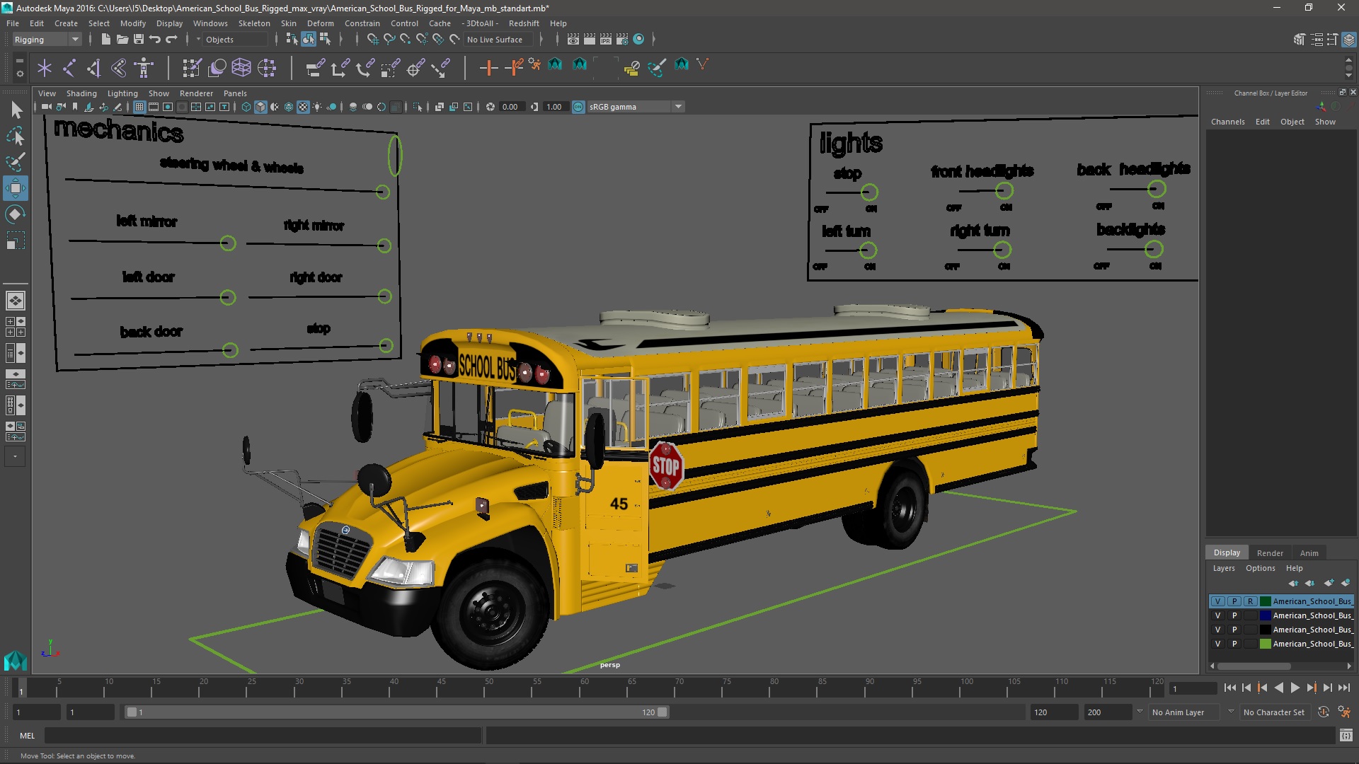 3D model American School Bus Rigged for Maya