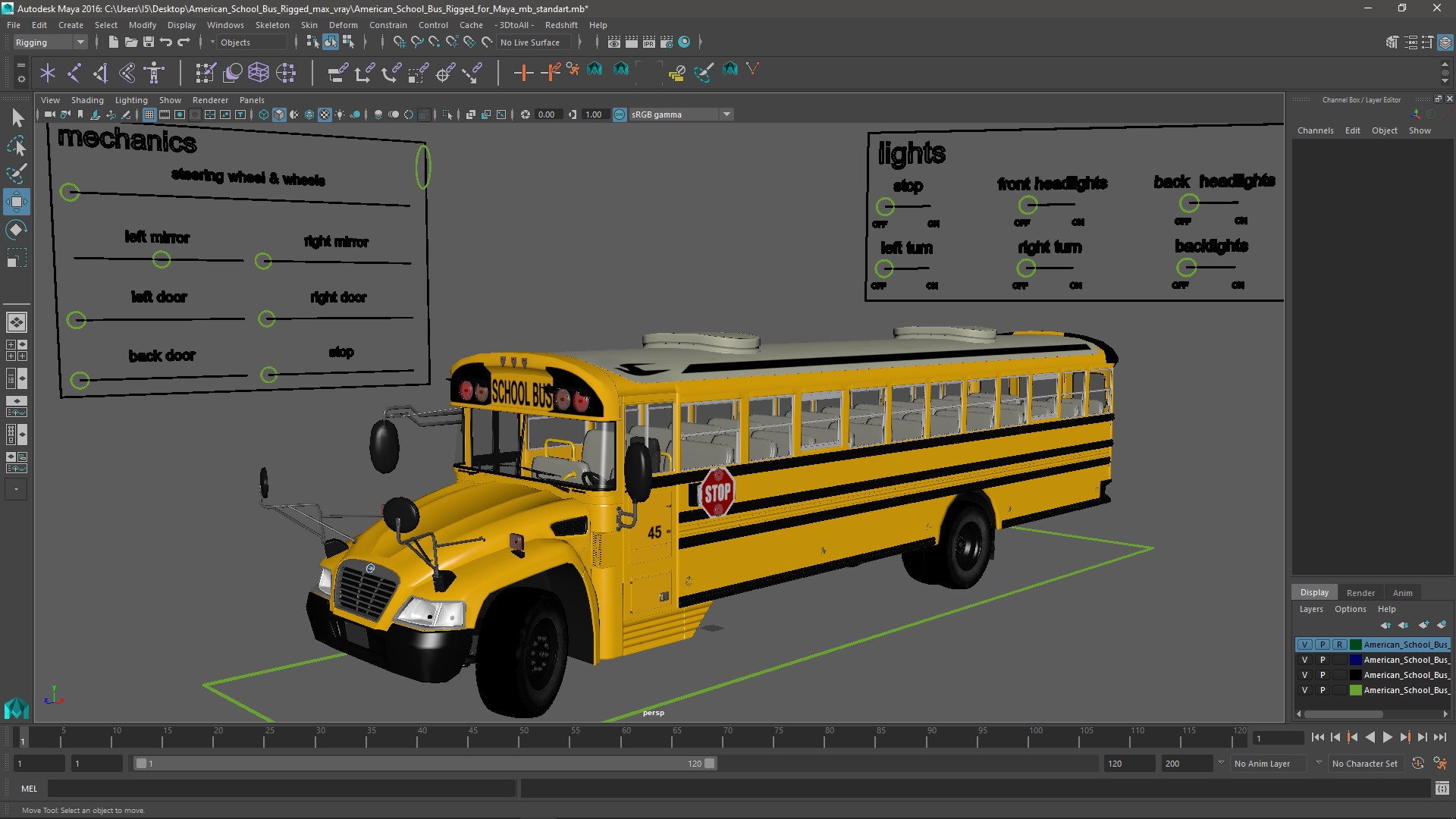 3D model American School Bus Rigged for Maya