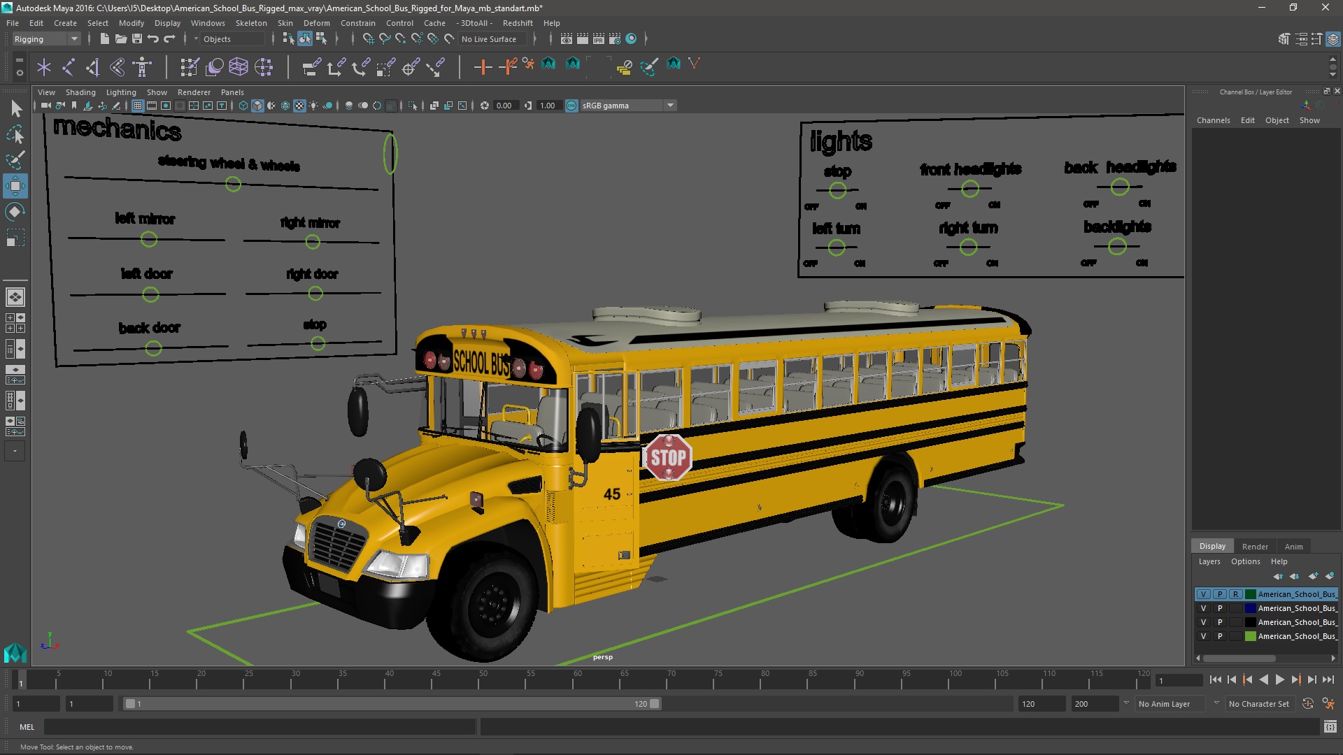 3D model American School Bus Rigged for Maya