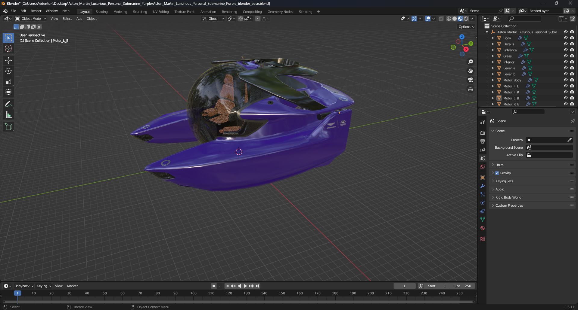 3D Aston Martin Luxurious Personal Submarine Purple model