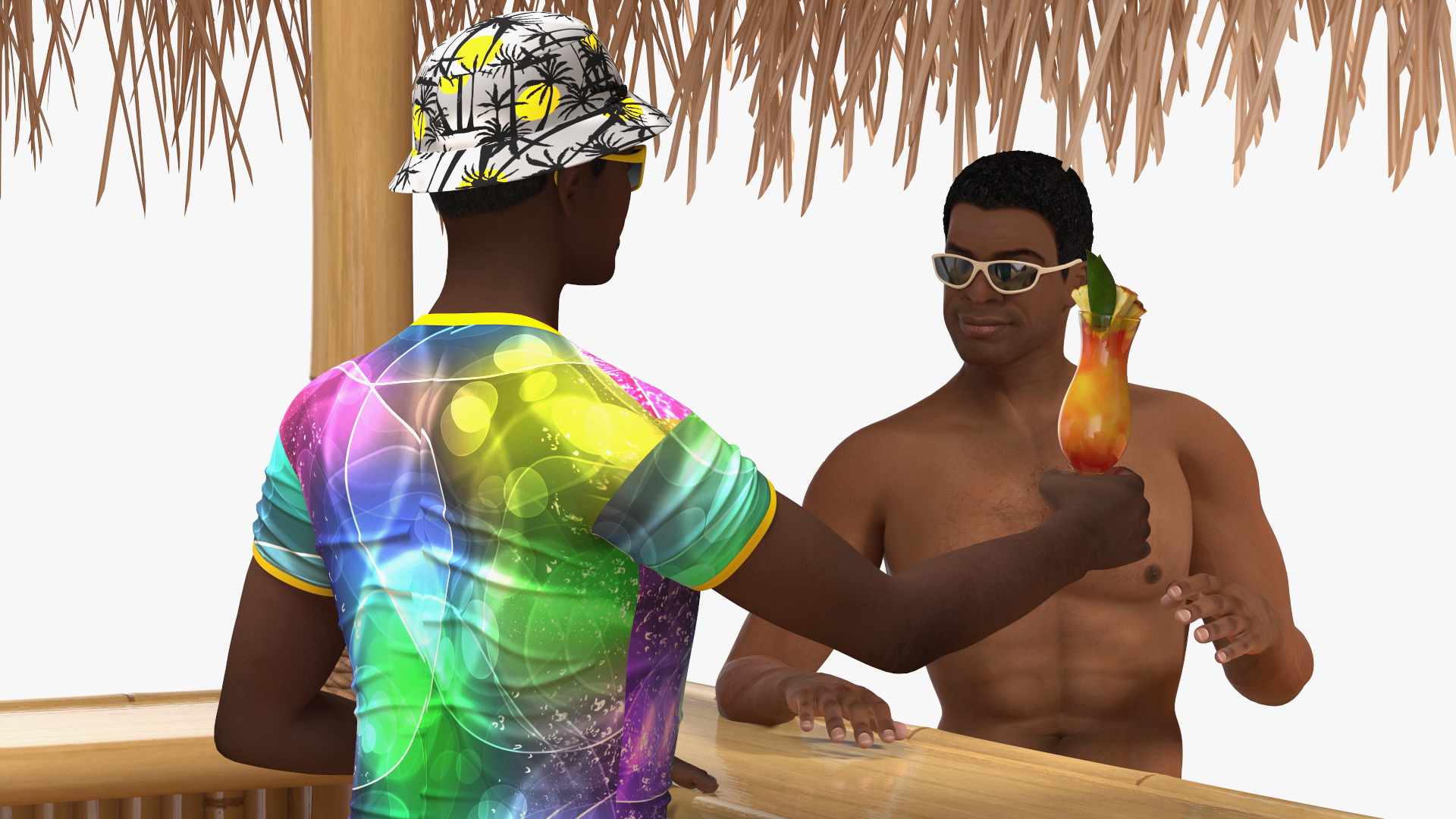 3D Barman and People at Tiki Bar Rigged
