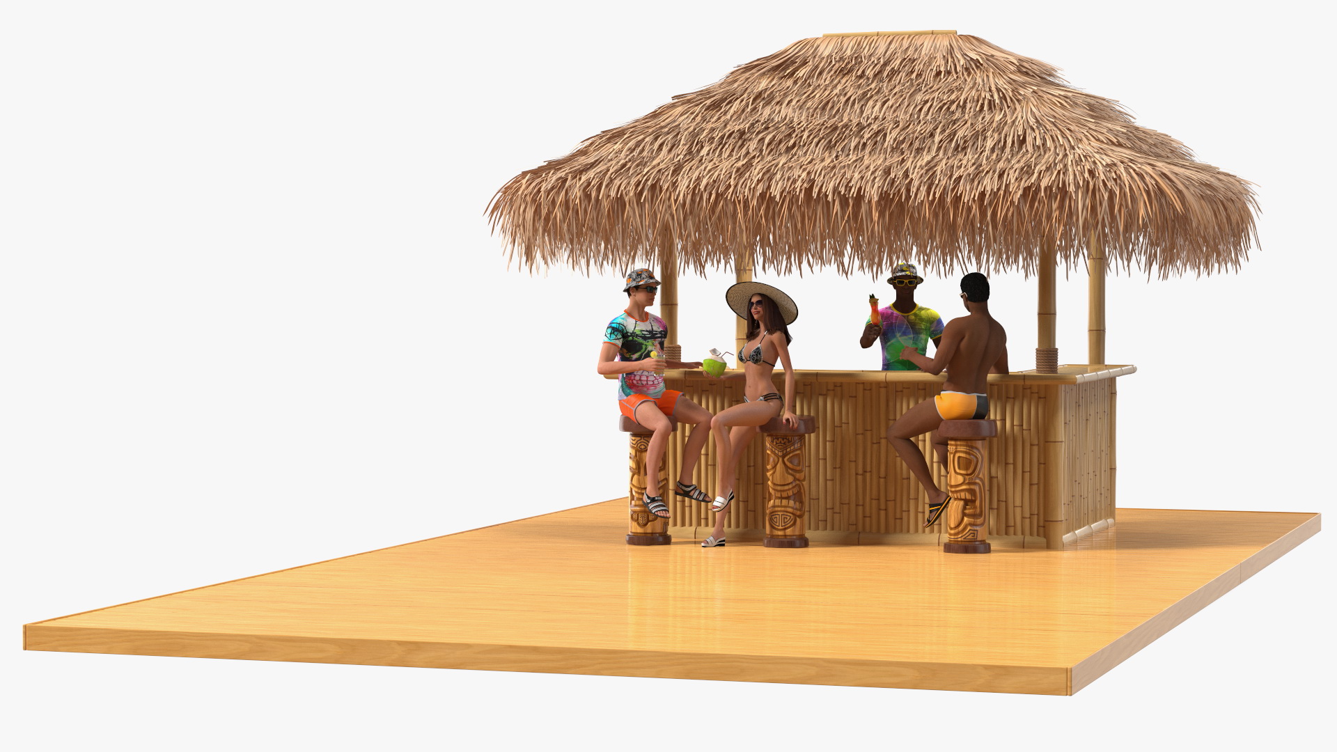 3D Barman and People at Tiki Bar Rigged