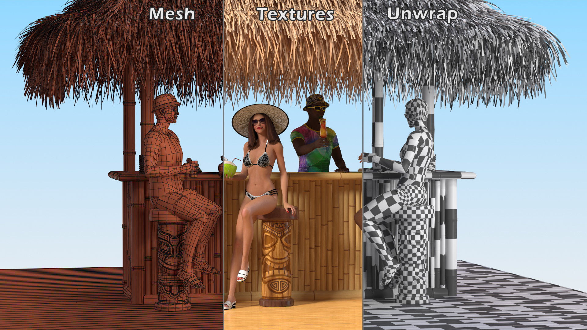 3D Barman and People at Tiki Bar Rigged