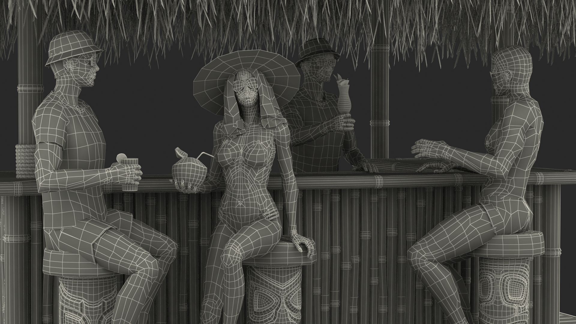 3D Barman and People at Tiki Bar Rigged