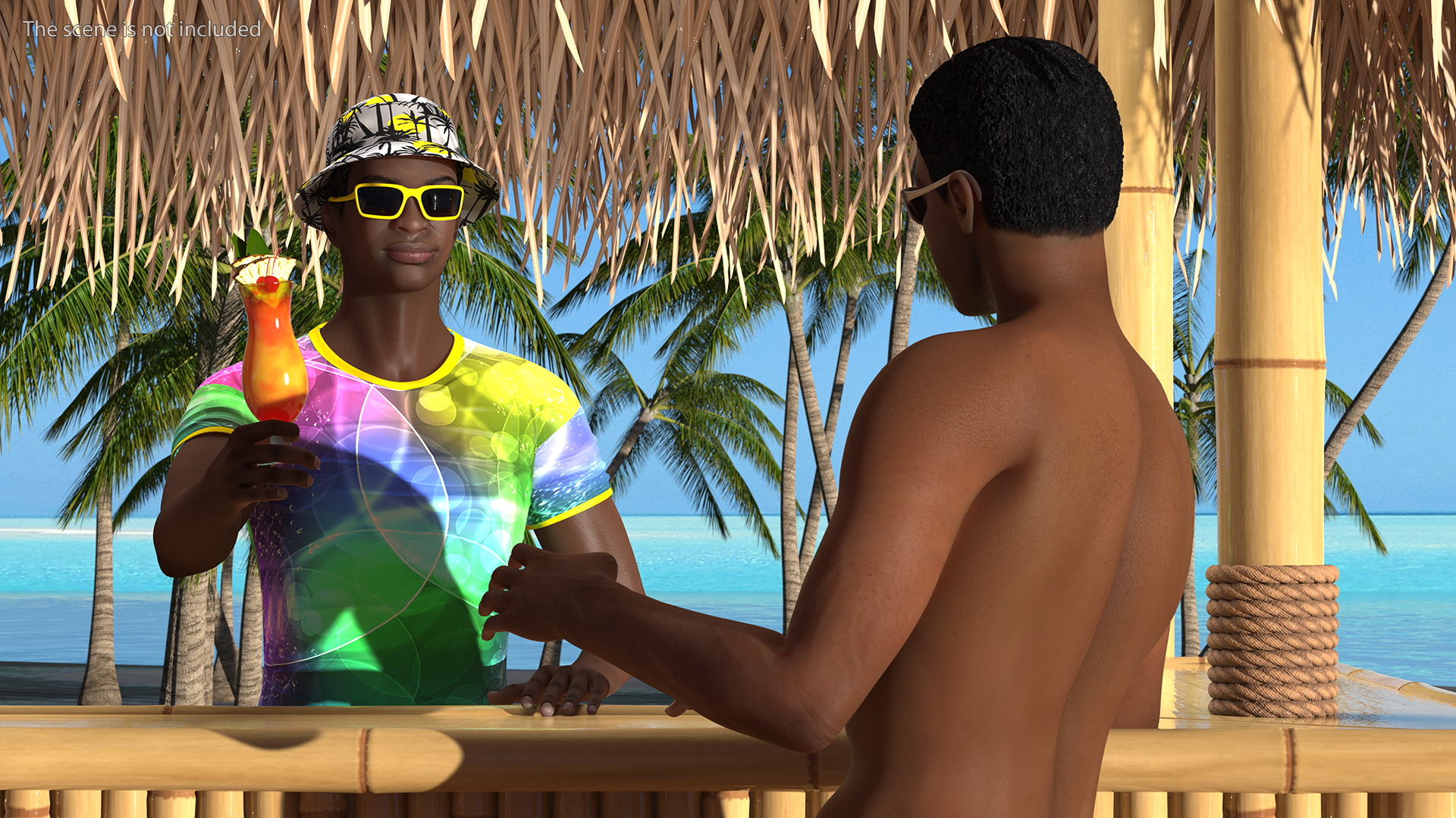 3D Barman and People at Tiki Bar Rigged