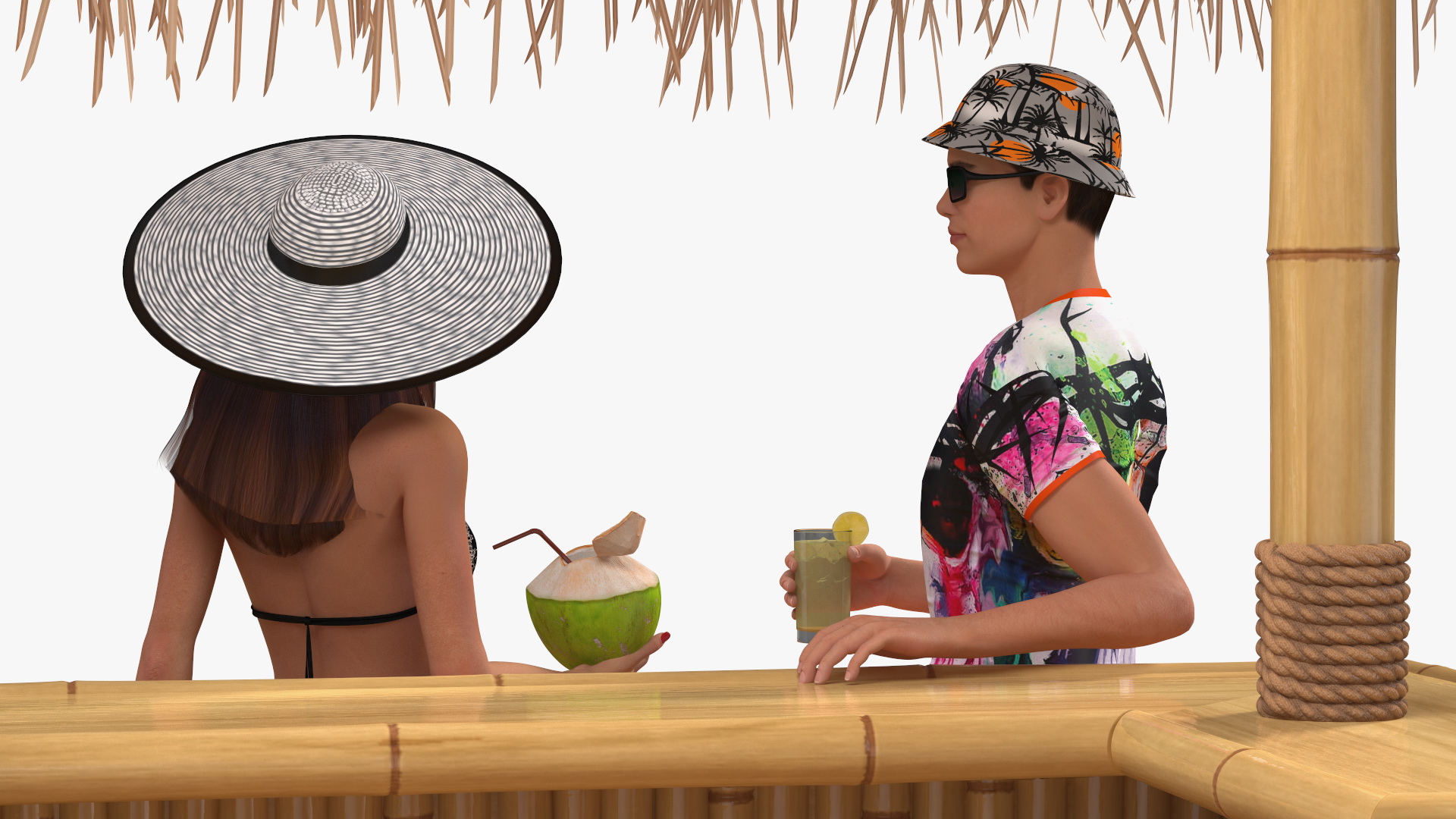 3D Barman and People at Tiki Bar Rigged