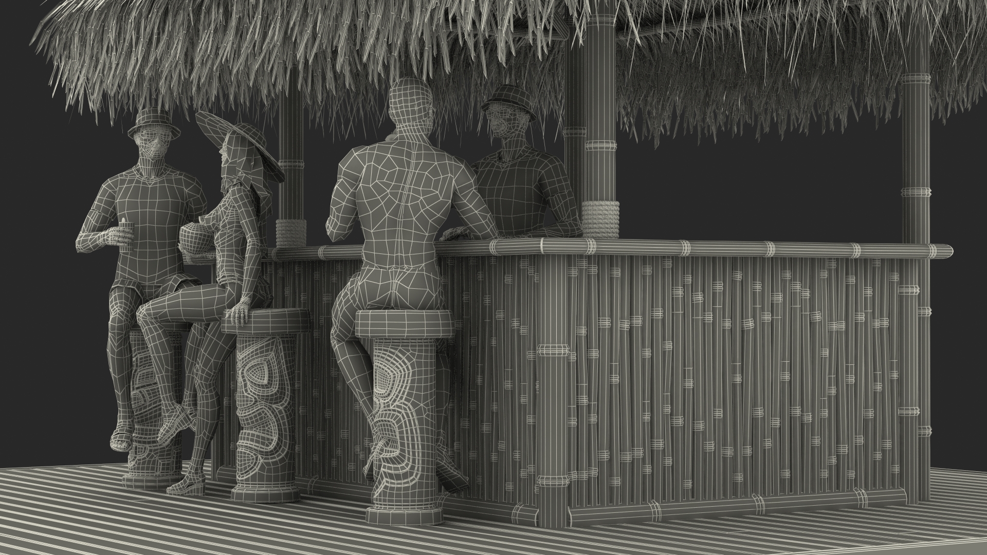 3D Barman and People at Tiki Bar Rigged