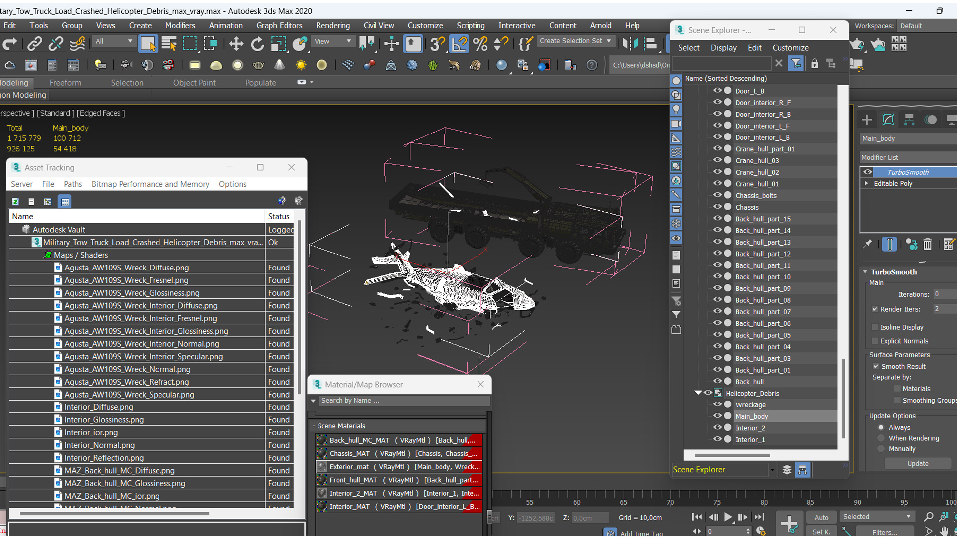 Military Tow Truck Load Crashed Helicopter Debris 3D model
