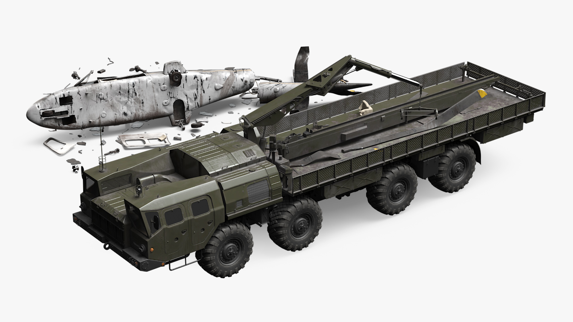 Military Tow Truck Load Crashed Helicopter Debris 3D model