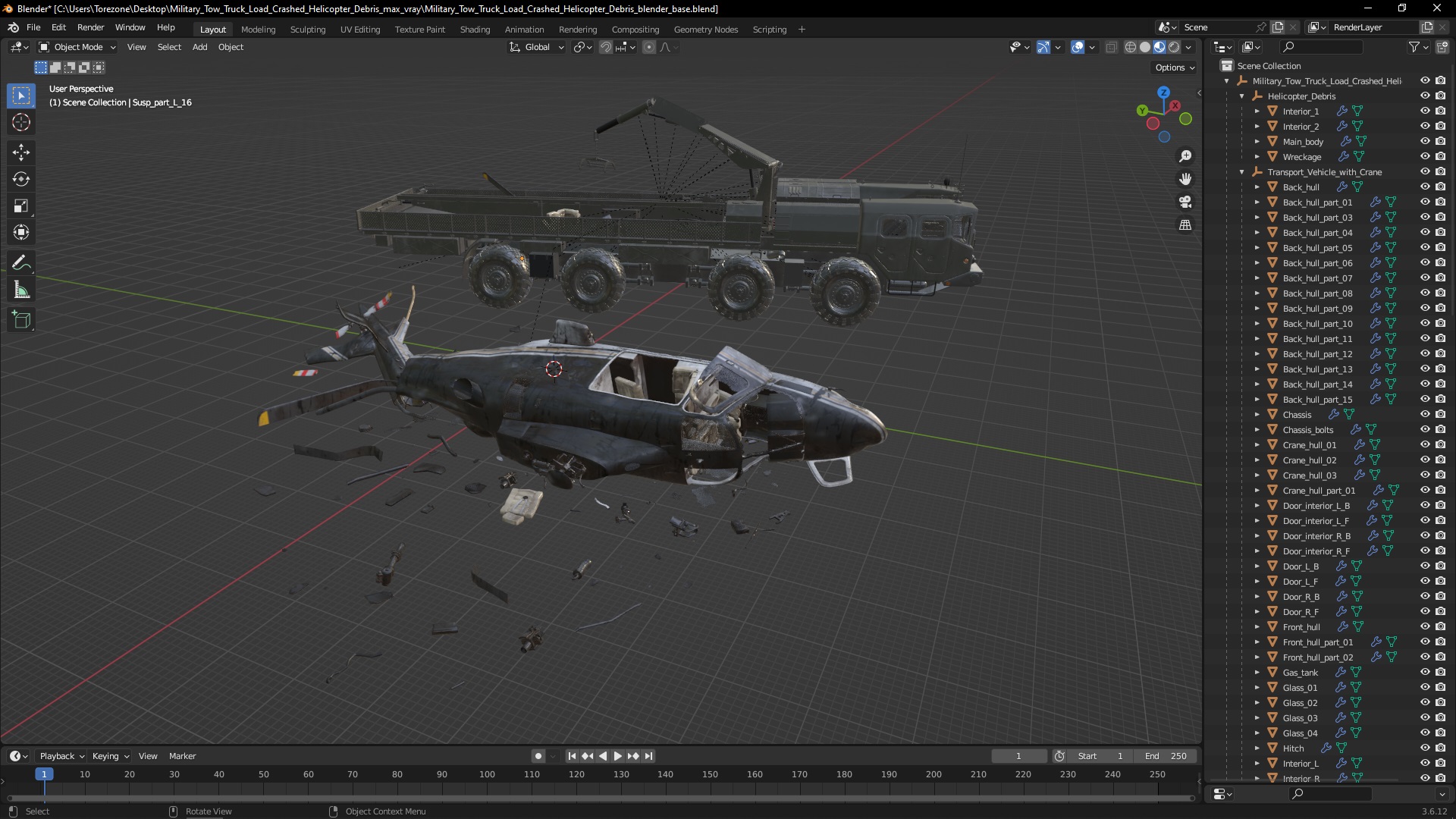 Military Tow Truck Load Crashed Helicopter Debris 3D model