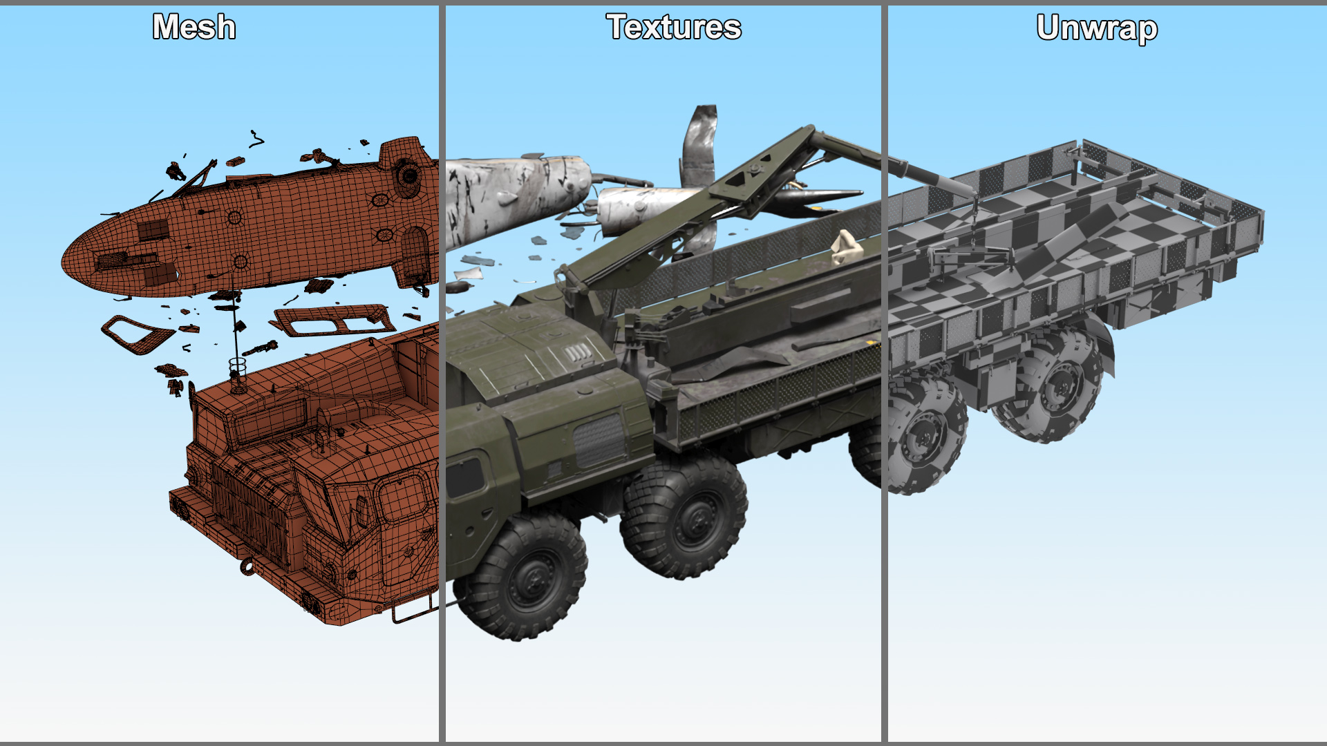 Military Tow Truck Load Crashed Helicopter Debris 3D model