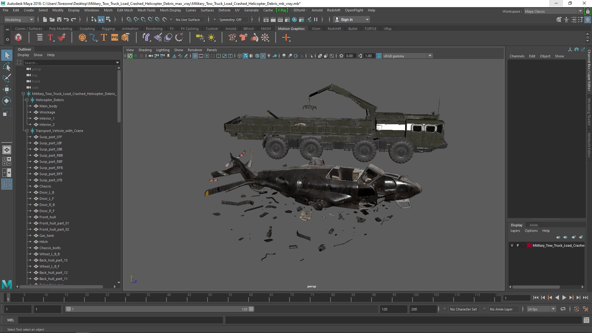 Military Tow Truck Load Crashed Helicopter Debris 3D model