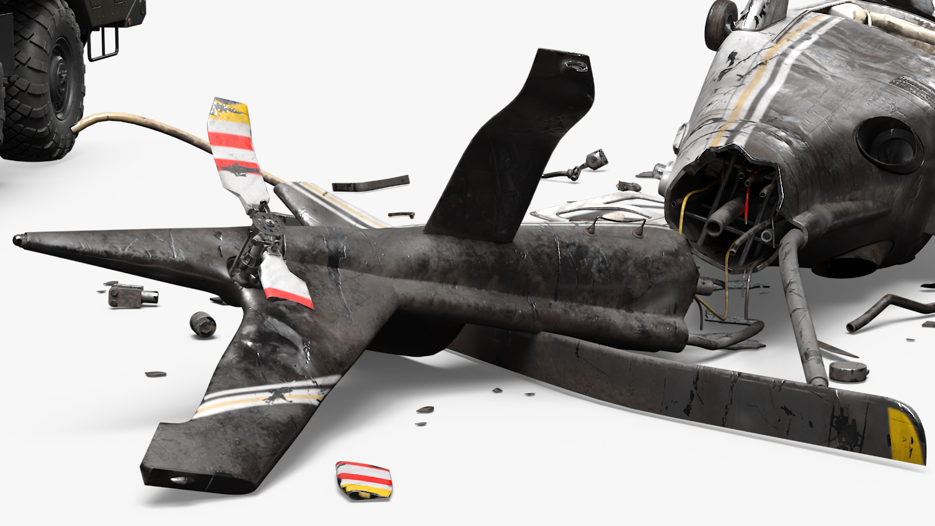Military Tow Truck Load Crashed Helicopter Debris 3D model